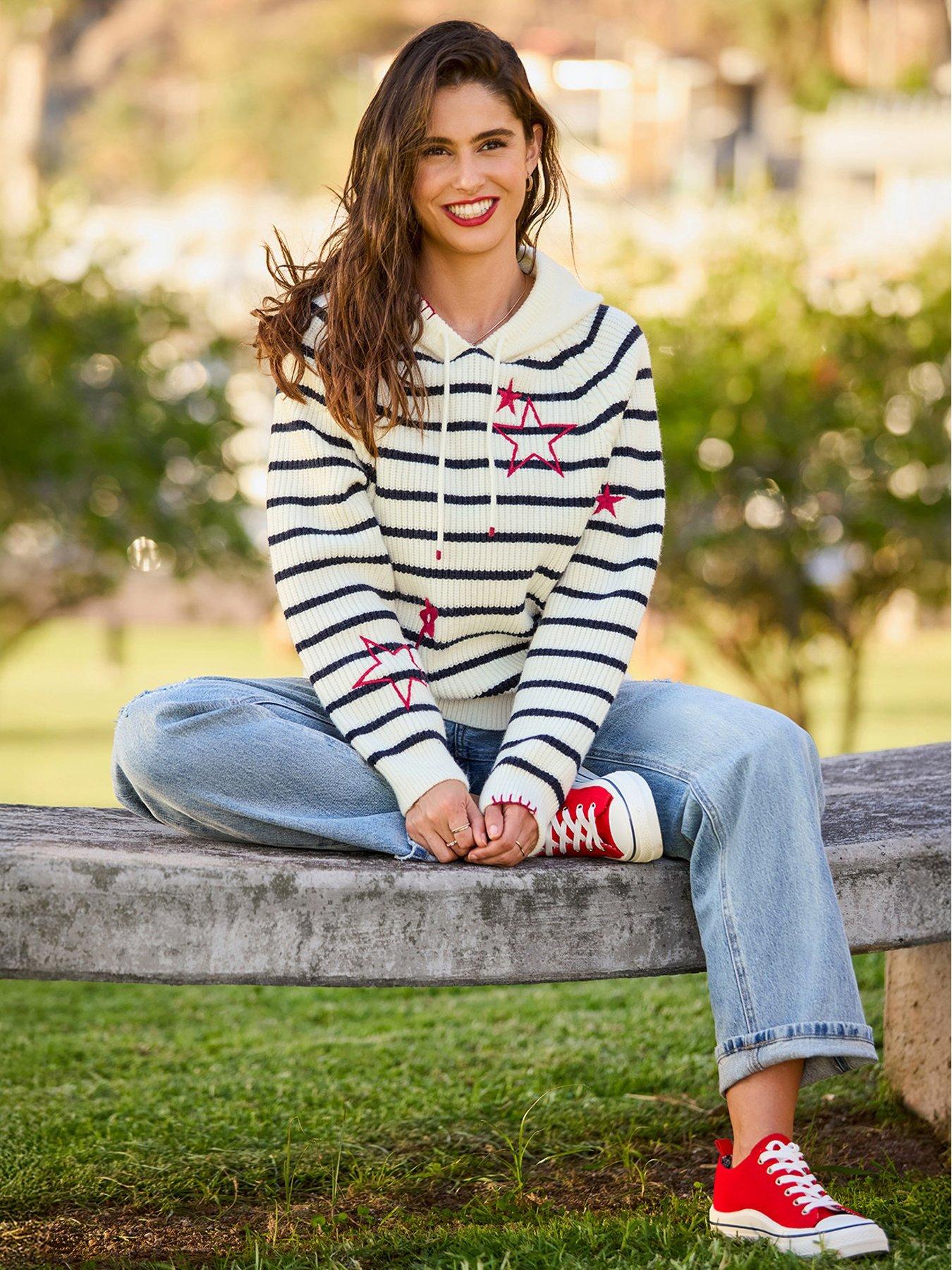 Joe Browns Dotty Embroidered Stripe Knitted Hoodie - Cream