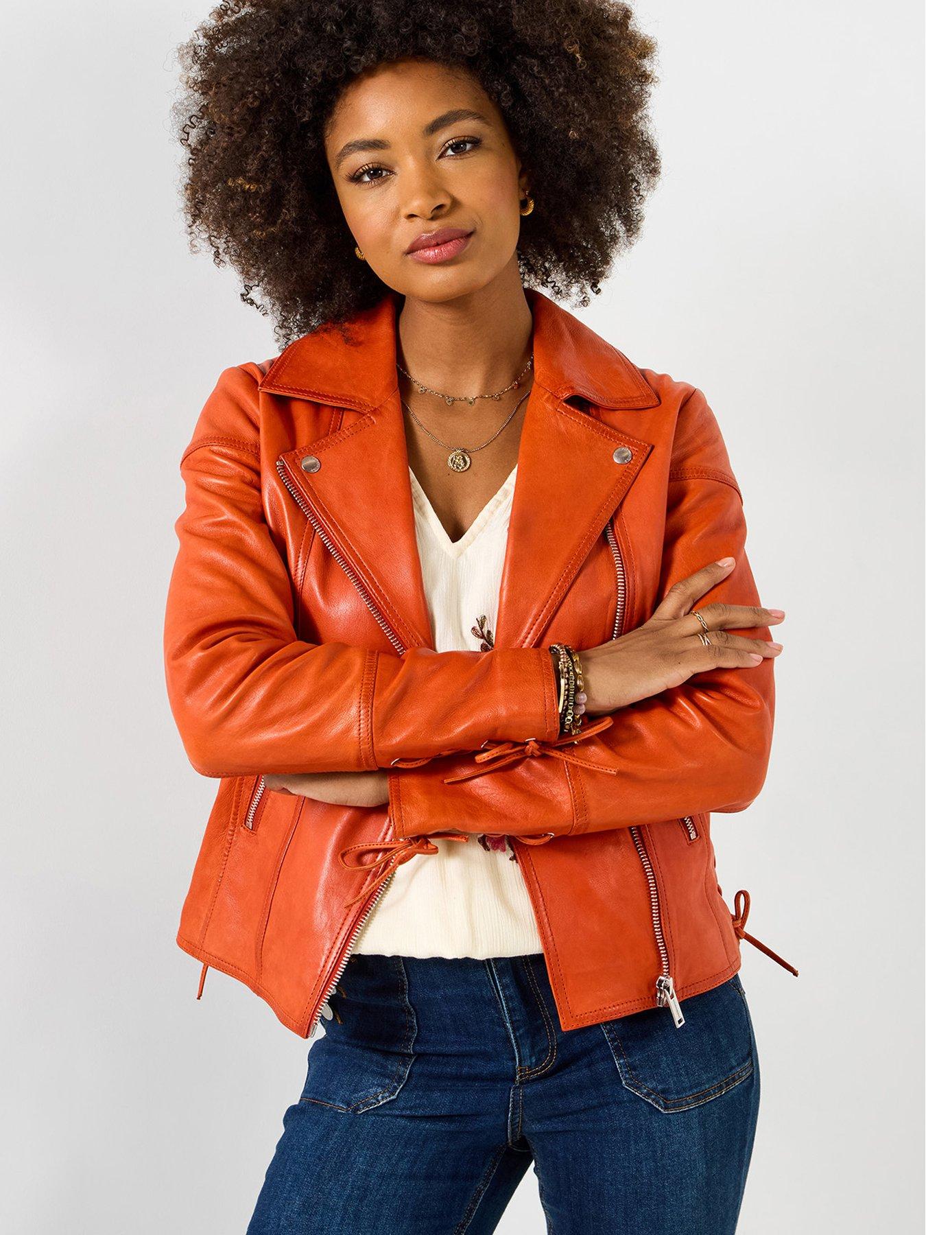 Image 1 of 5 of Joe Browns Louisa Leather Collared Biker Jacket - Orange