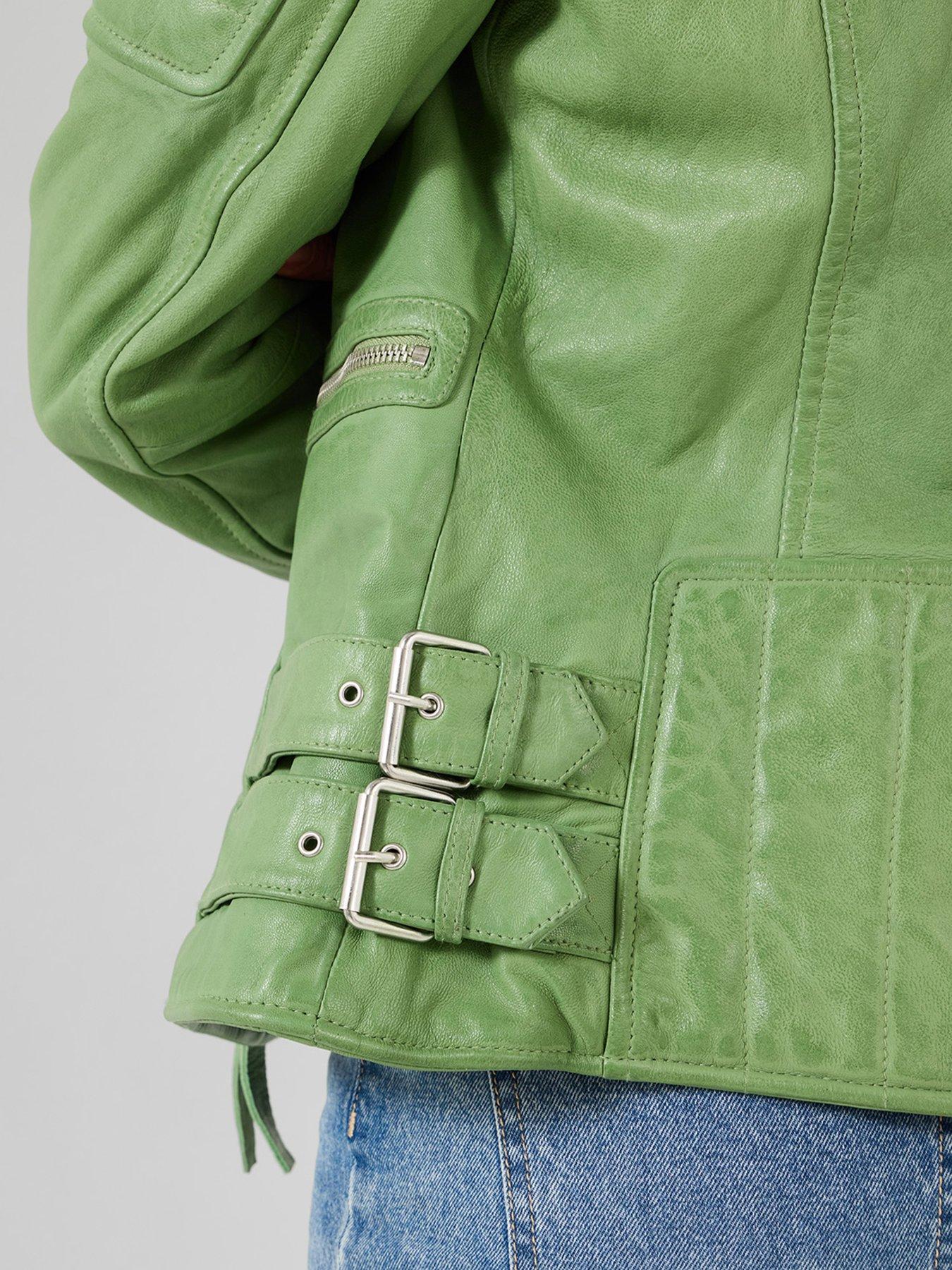  image of joe-browns-leather-collared-biker-jacket-green
