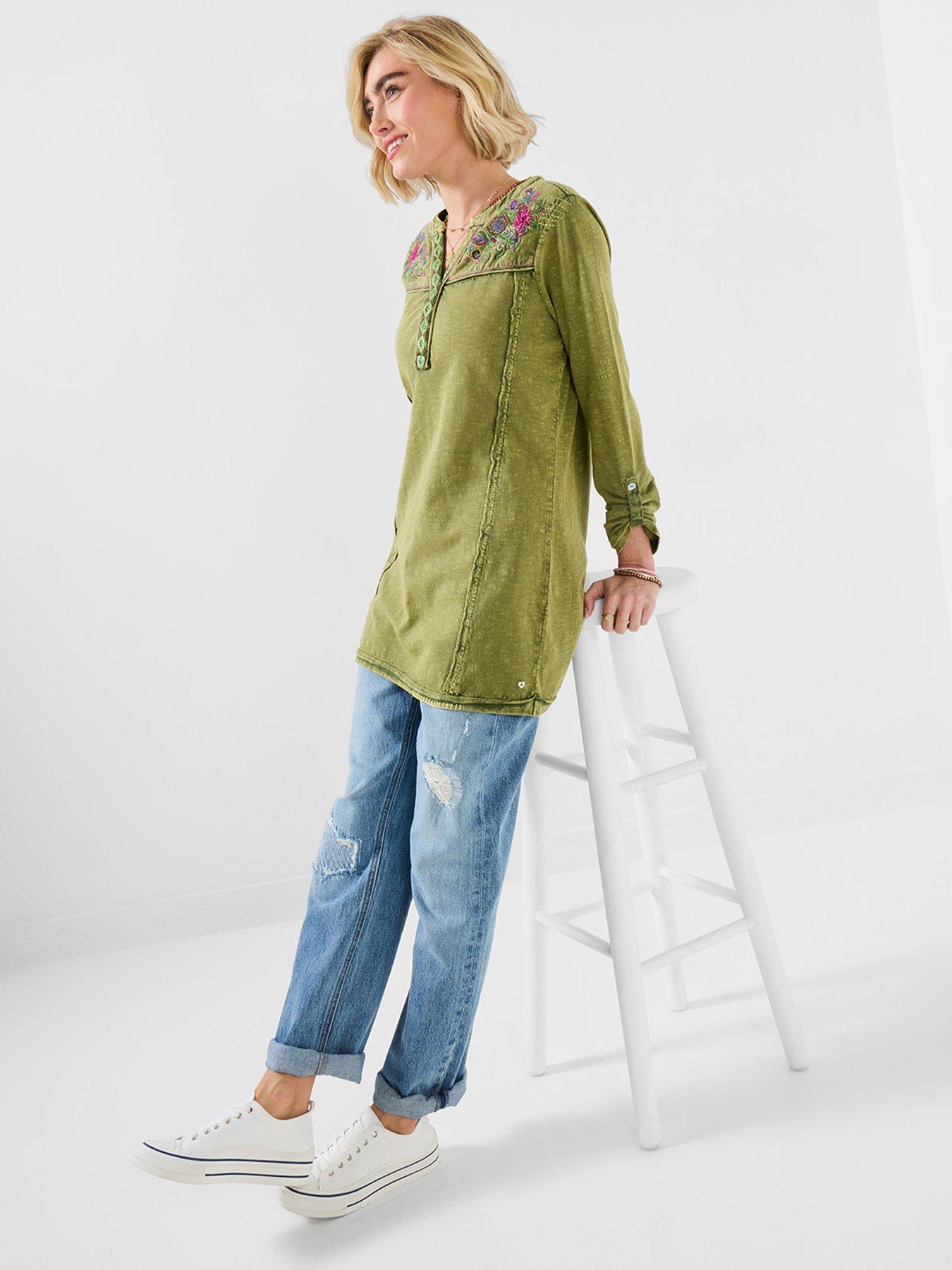  image of joe-browns-boho-embroidered-jersey-tunic-top-green