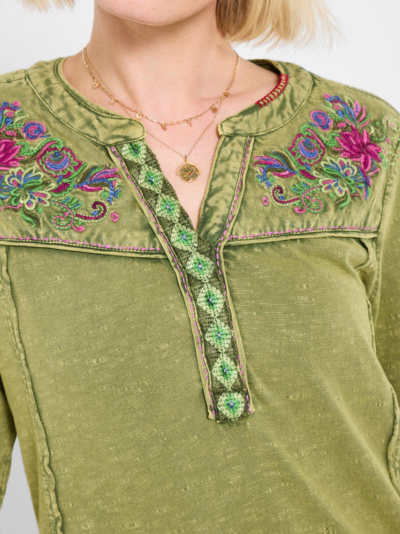  image of joe-browns-boho-embroidered-jersey-tunic-top-green