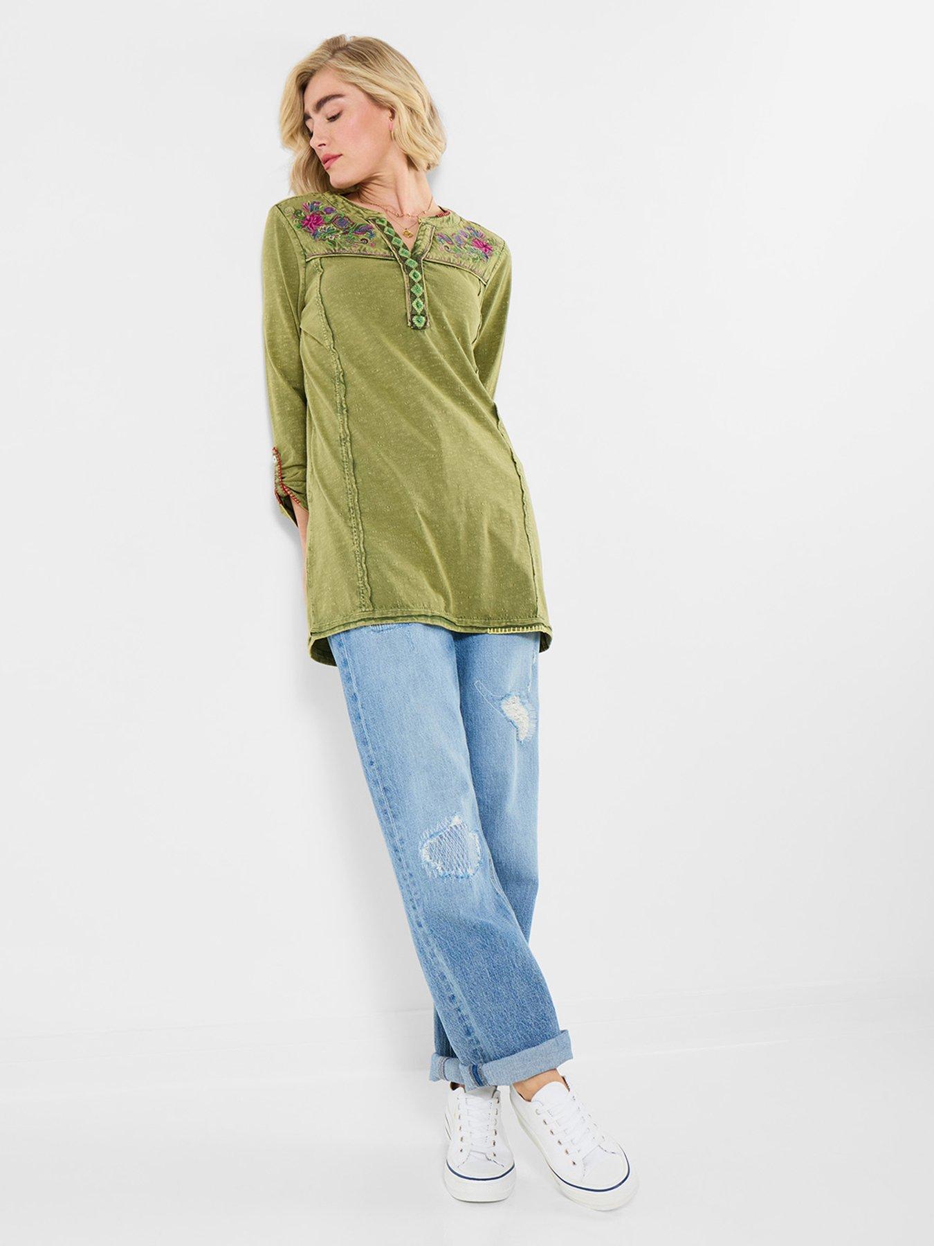  image of joe-browns-boho-embroidered-jersey-tunic-top-green