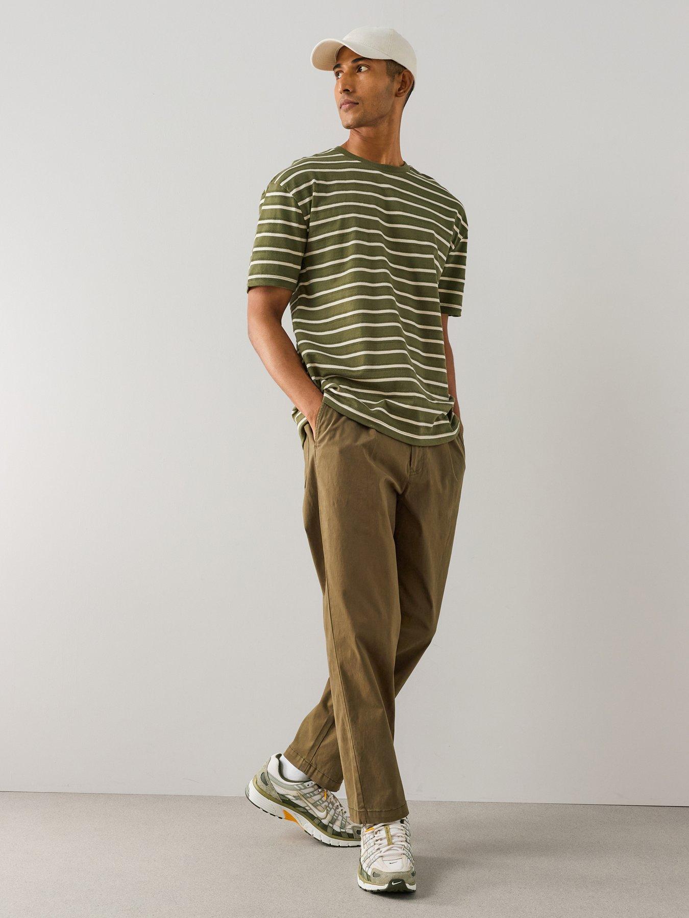 Image 1 of 7 of The Very Collection Pure Cotton Relaxed Fit Textured Stripe T-Shirt - Khaki&nbsp;