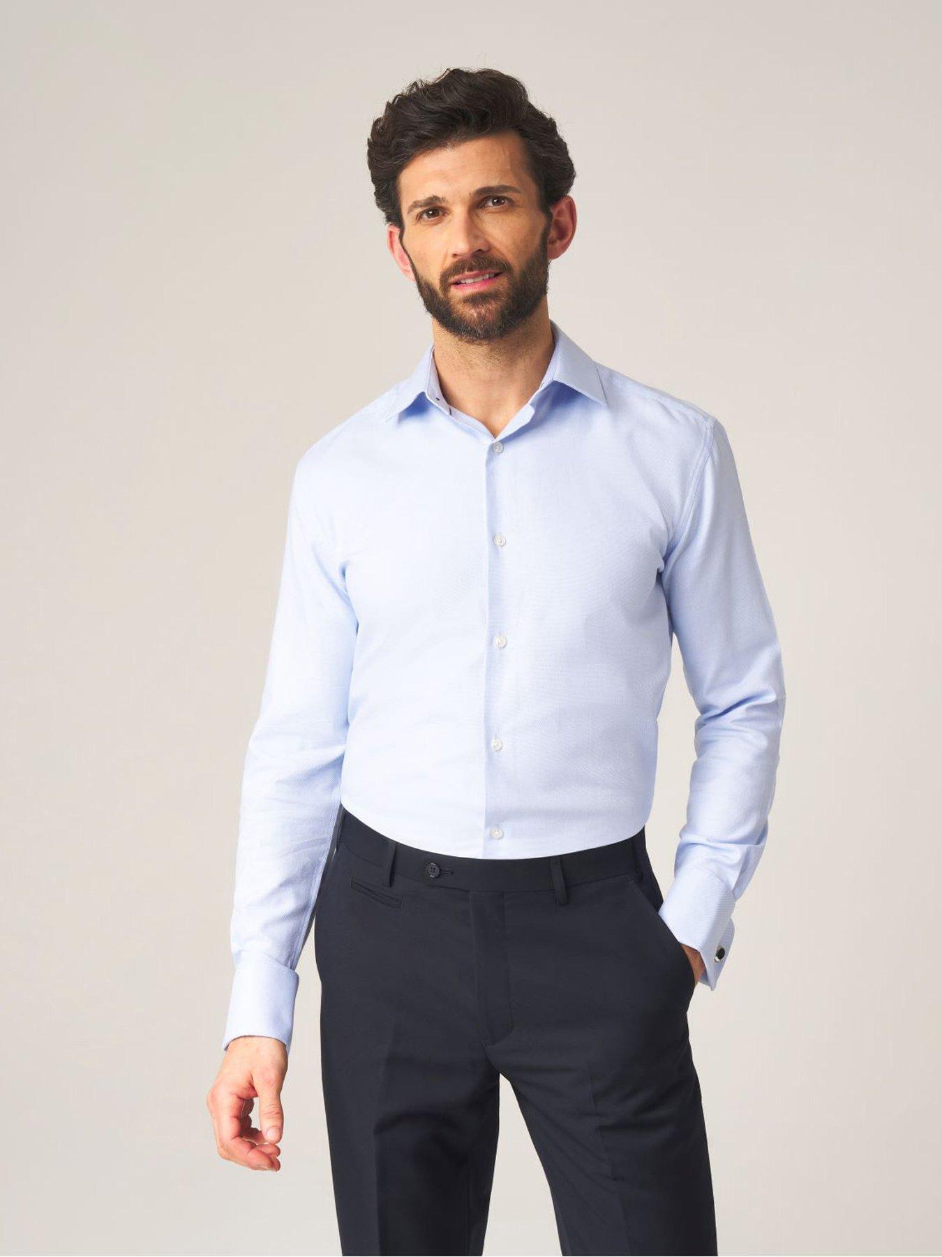 Skopes Premium Tailored Fit Dobby Long Sleeve Plain Shirt - Blue