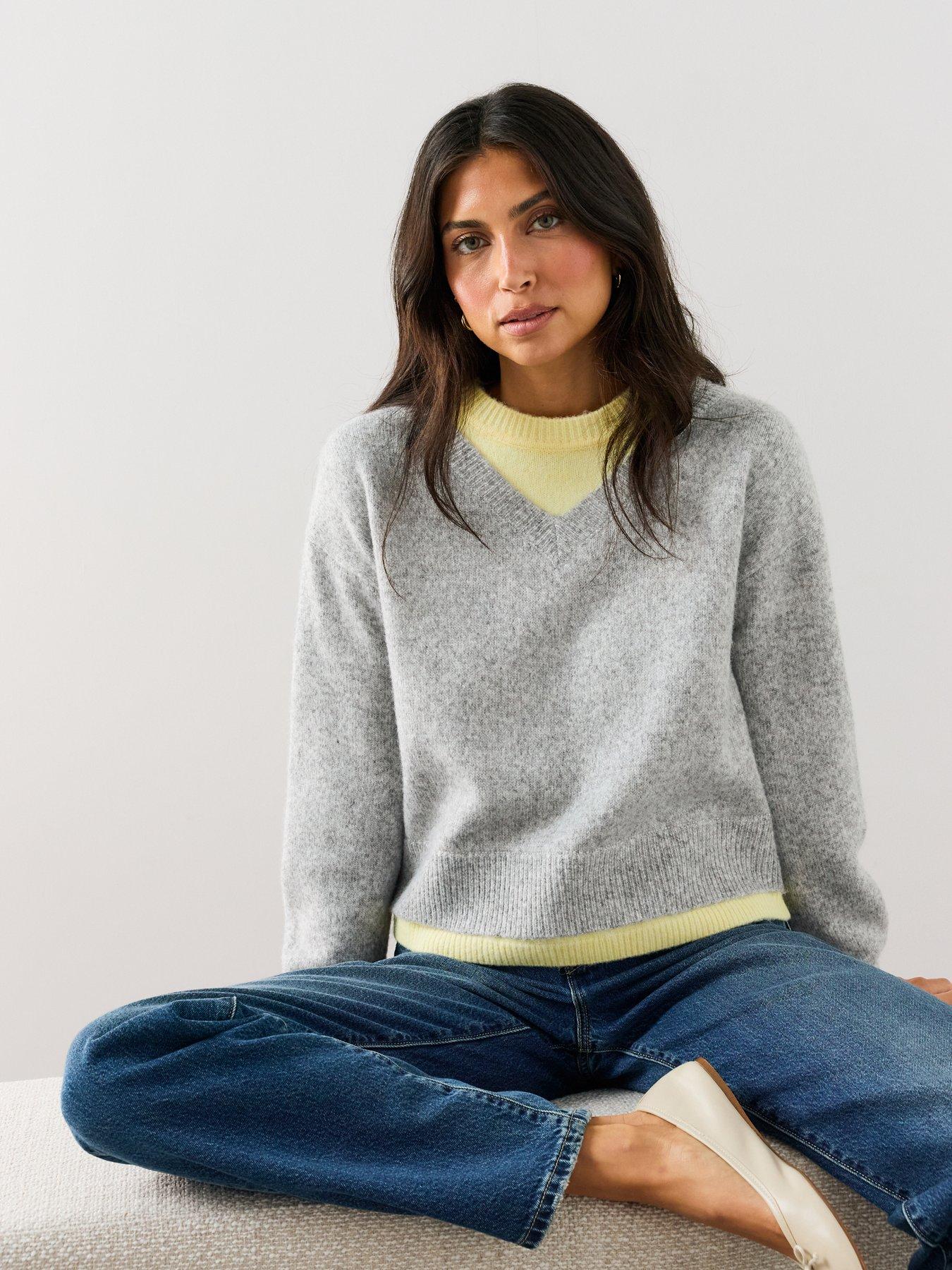 The Very Collection V Neck Overlay Jumper With Wool - Grey/Yellow