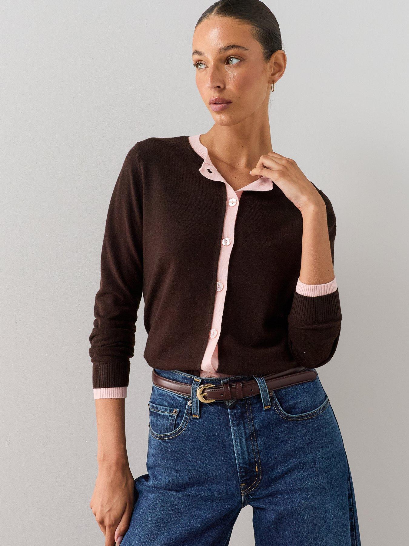 The Very Collection Crew Neck Double Layer Cardigan With Wool - Chocolate