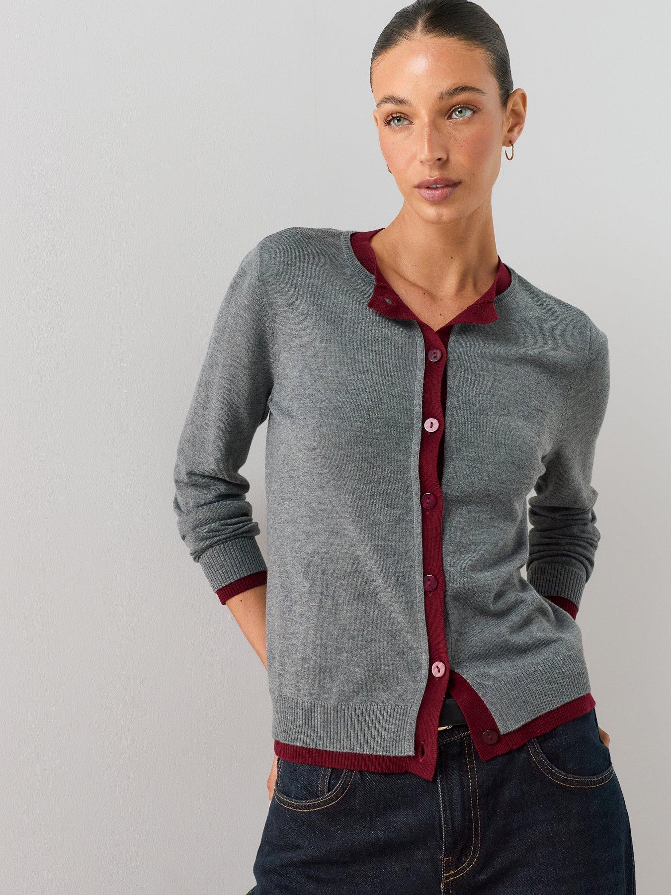 The Very Collection Crew Neck Double Layer Cardigan With Wool - Grey