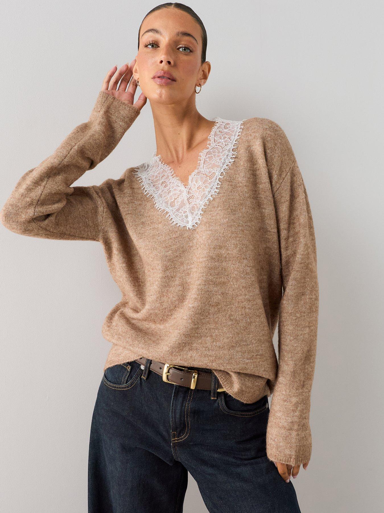 The Very Collection V Neck Lace Trim Jumper With Wool - Brown