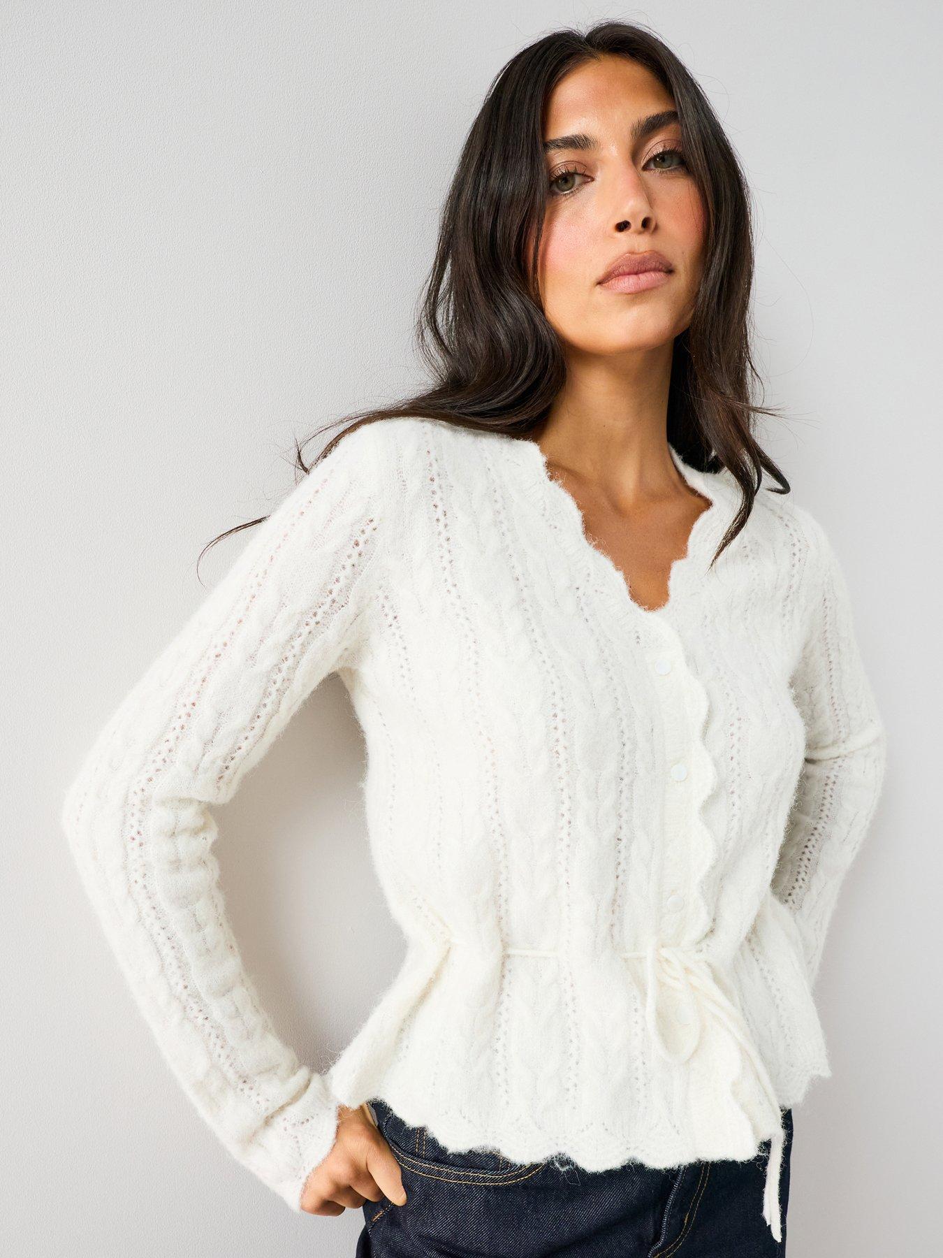 The Very Collection V Neck Tie Waist Pointelle Cardigan With Wool - Cream