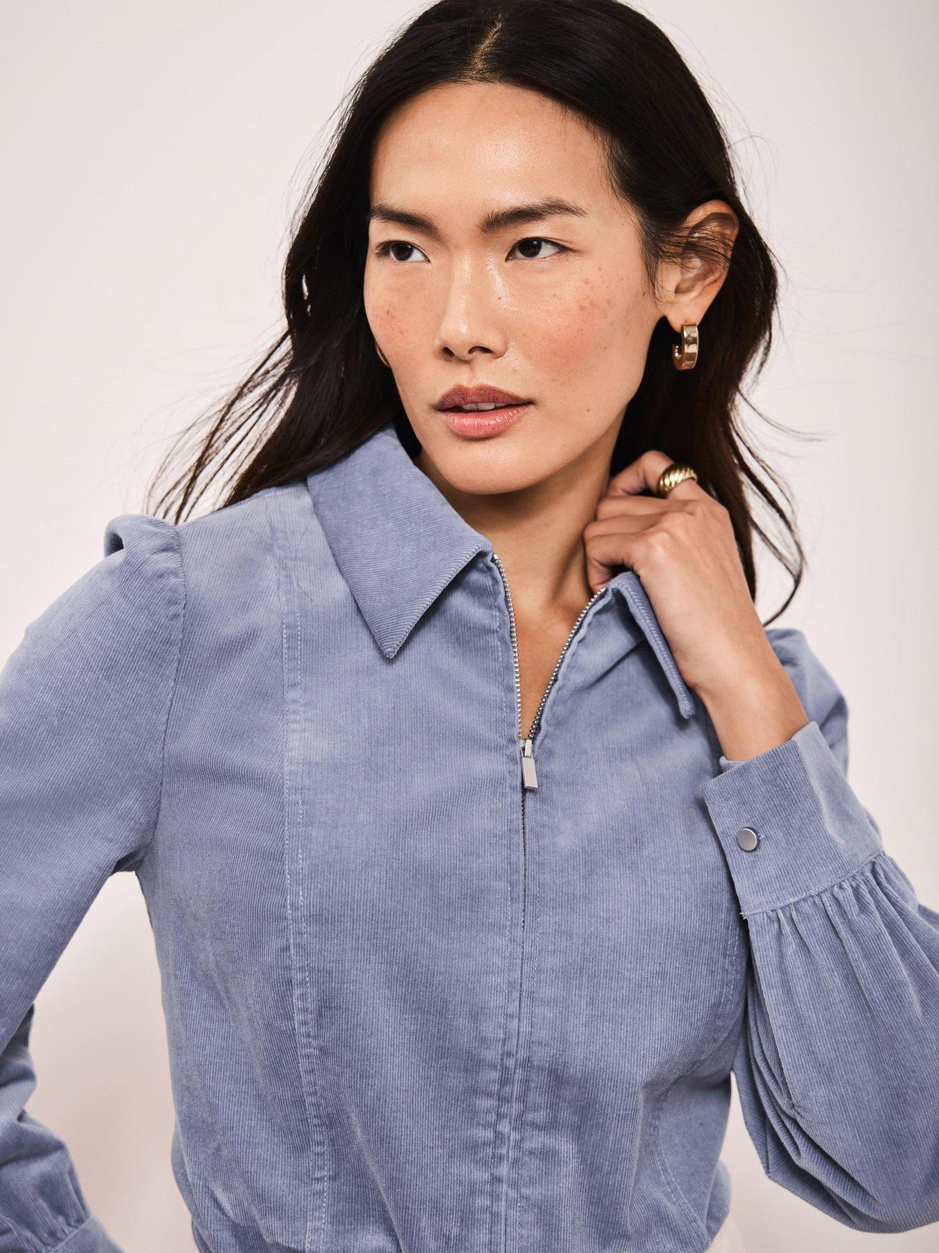 Image 2 of 6 of Mint Velvet Cord Zip Front Shirt - Blue