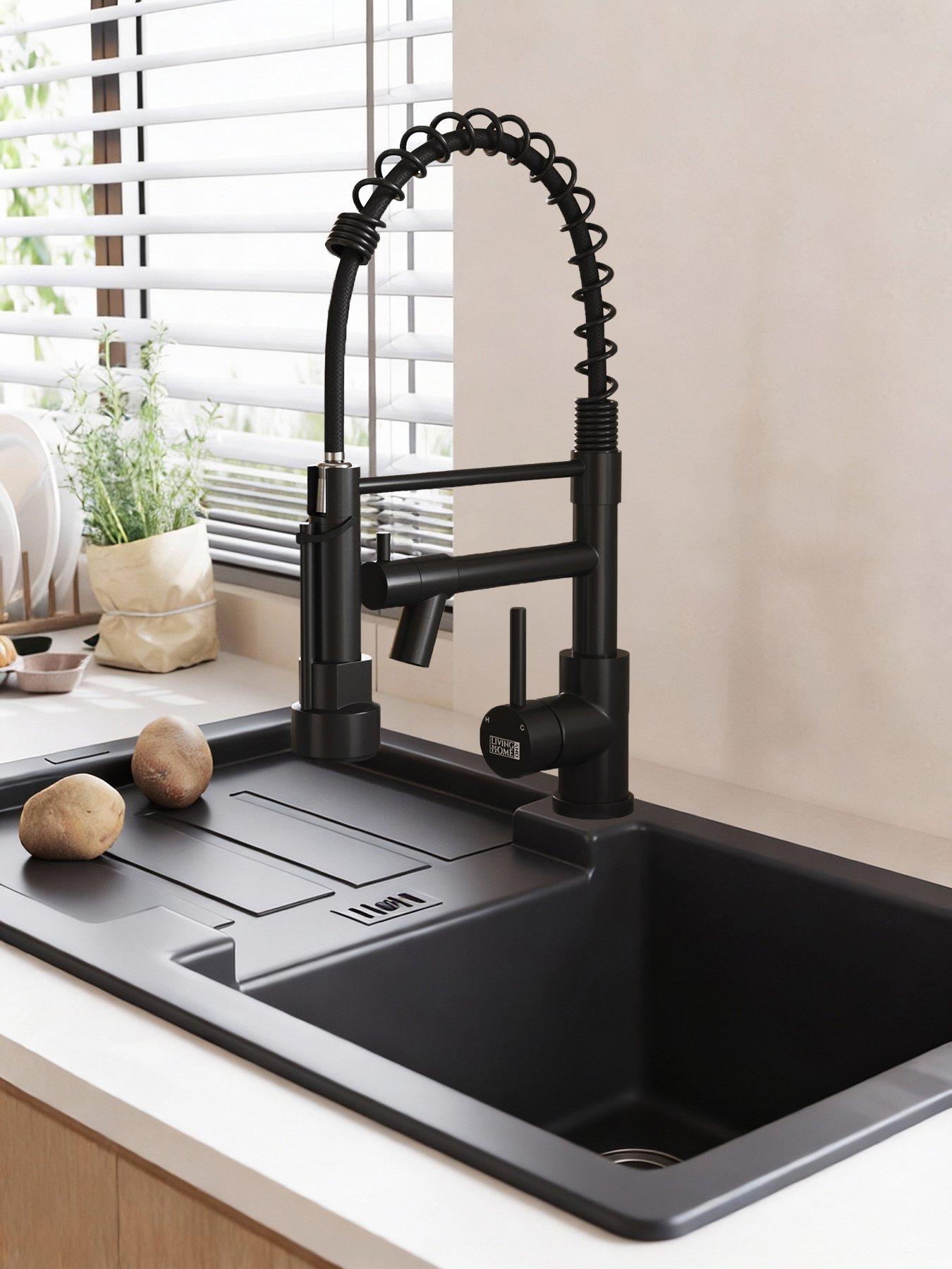 Image 1 of 7 of Living and Home Black Kitchen Faucet With Pull Down Spring Spout