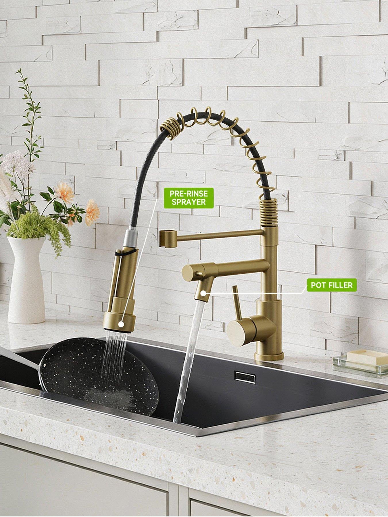 Image 5 of 7 of Living and Home Brushed Gold Kitchen Faucet With Pull Down Spring Spout