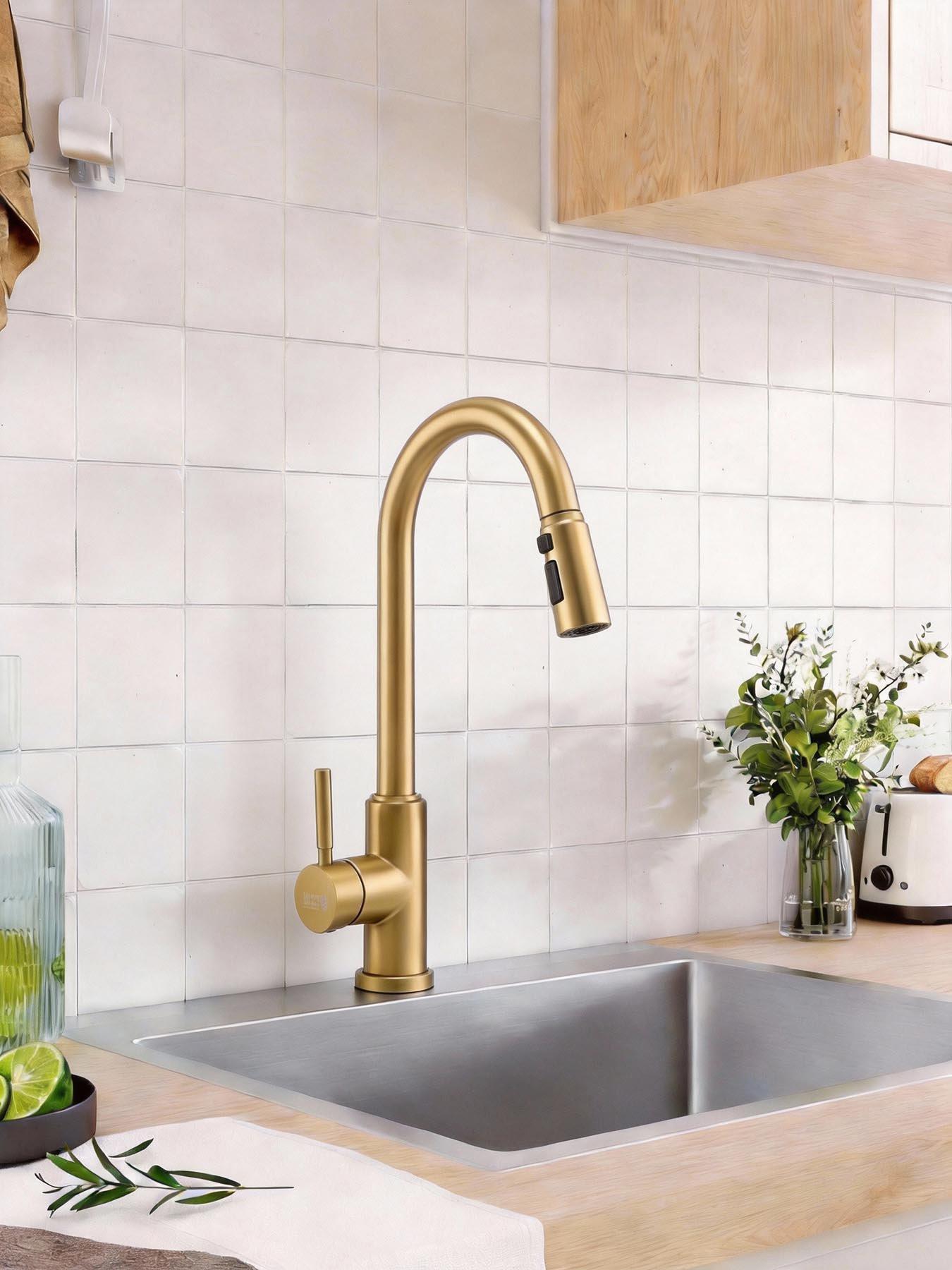 Image 1 of 7 of Living and Home Gold Side Lever Spring Neck Pull Out Kitchen Tap