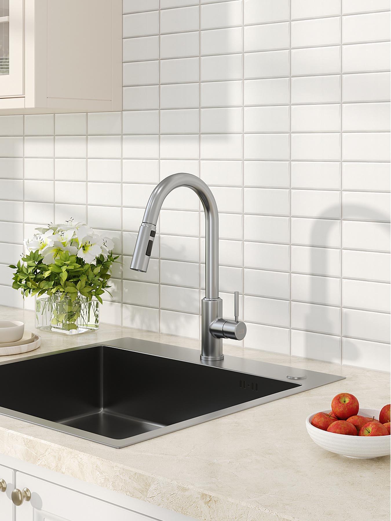  image of living-and-home-silver-side-lever-spring-neck-pull-out-kitchen-tap