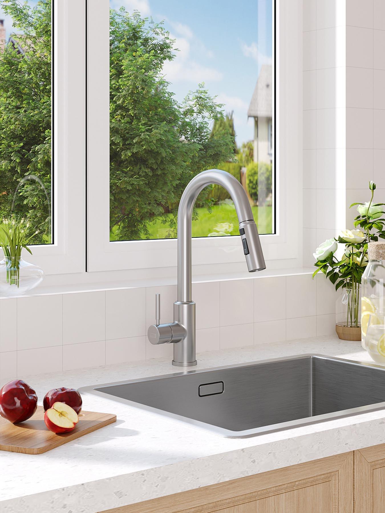  image of living-and-home-silver-side-lever-spring-neck-pull-out-kitchen-tap