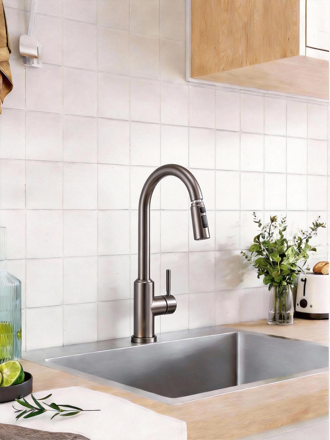  image of living-and-home-grey-side-lever-spring-neck-pull-out-kitchen-tap