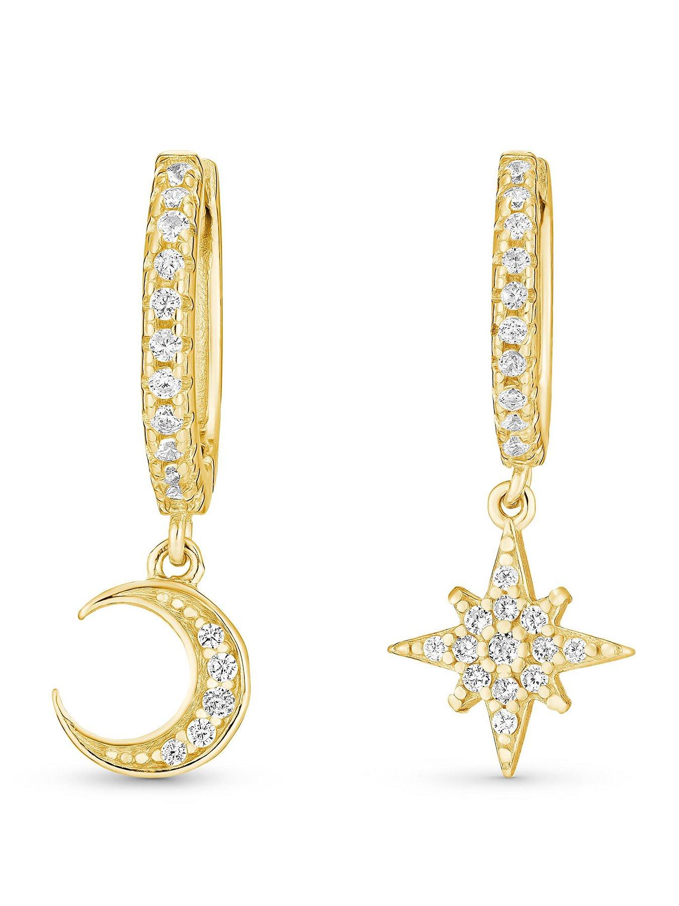 Beaverbrooks Beaverbrooks Yellow Gold Plated Cubic Zirconia Celestial Moon and Star Hoop Earrings
