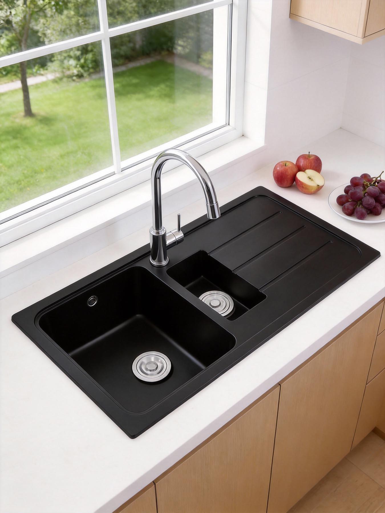 Image 1 of 7 of Living and Home Double Bowl Kitchen Sink With Strainer Waste Kit