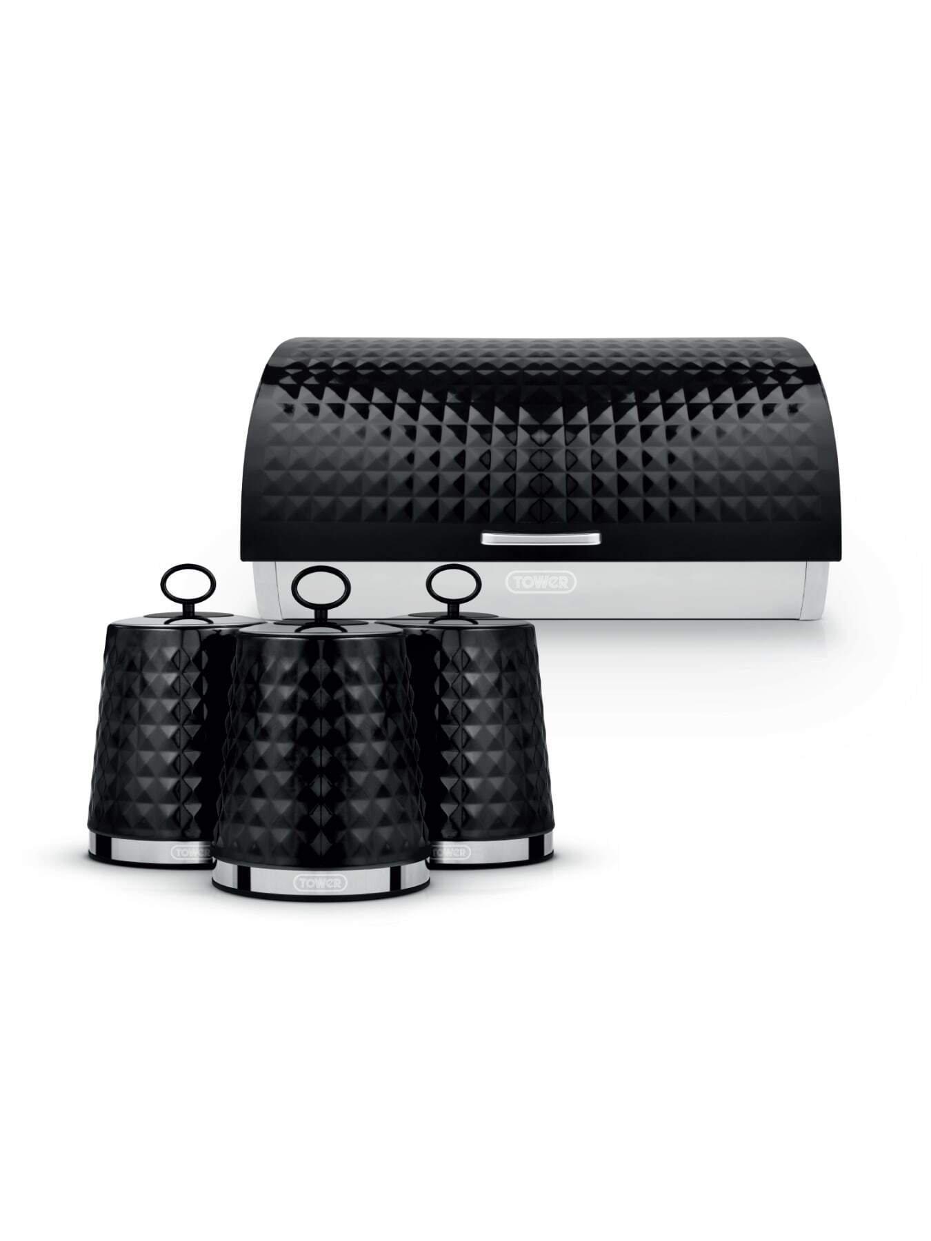 Tower Solitaire 4 Piece Bread Bin And Canister Set, Black