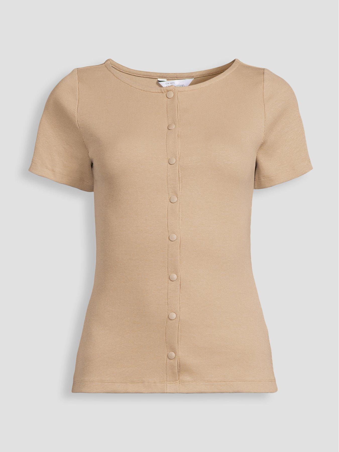 Image 6 of 6 of The Very Collection Popper Front Ribbed T-Shirt - Neutral