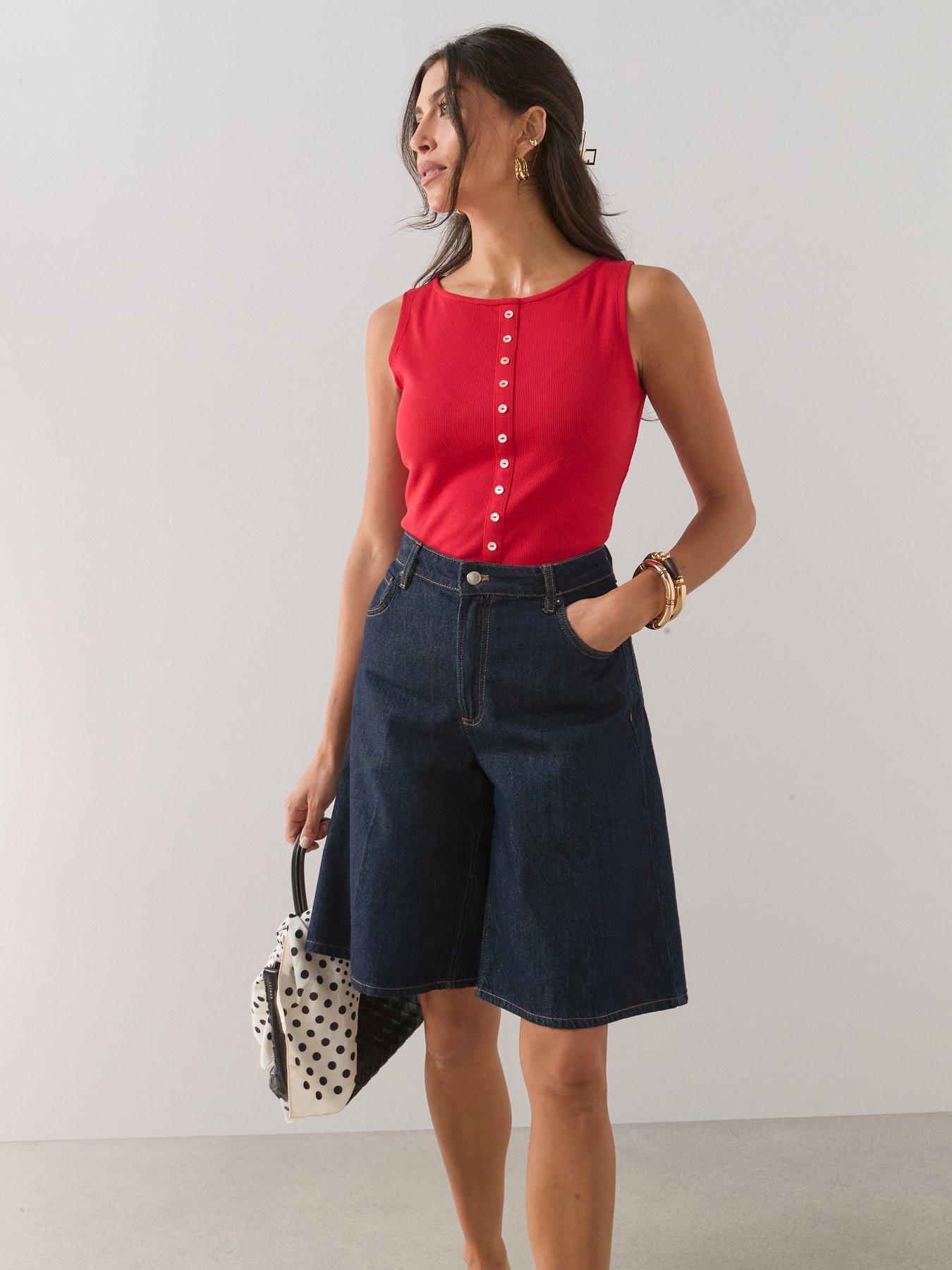 The Very Collection Button Thru Ribbed Tank Top - Red