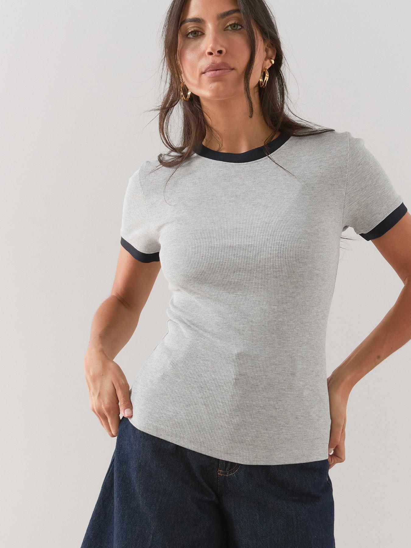 The Very Collection Contrast Cuff Ribbed Fitted T-Shirt - Grey