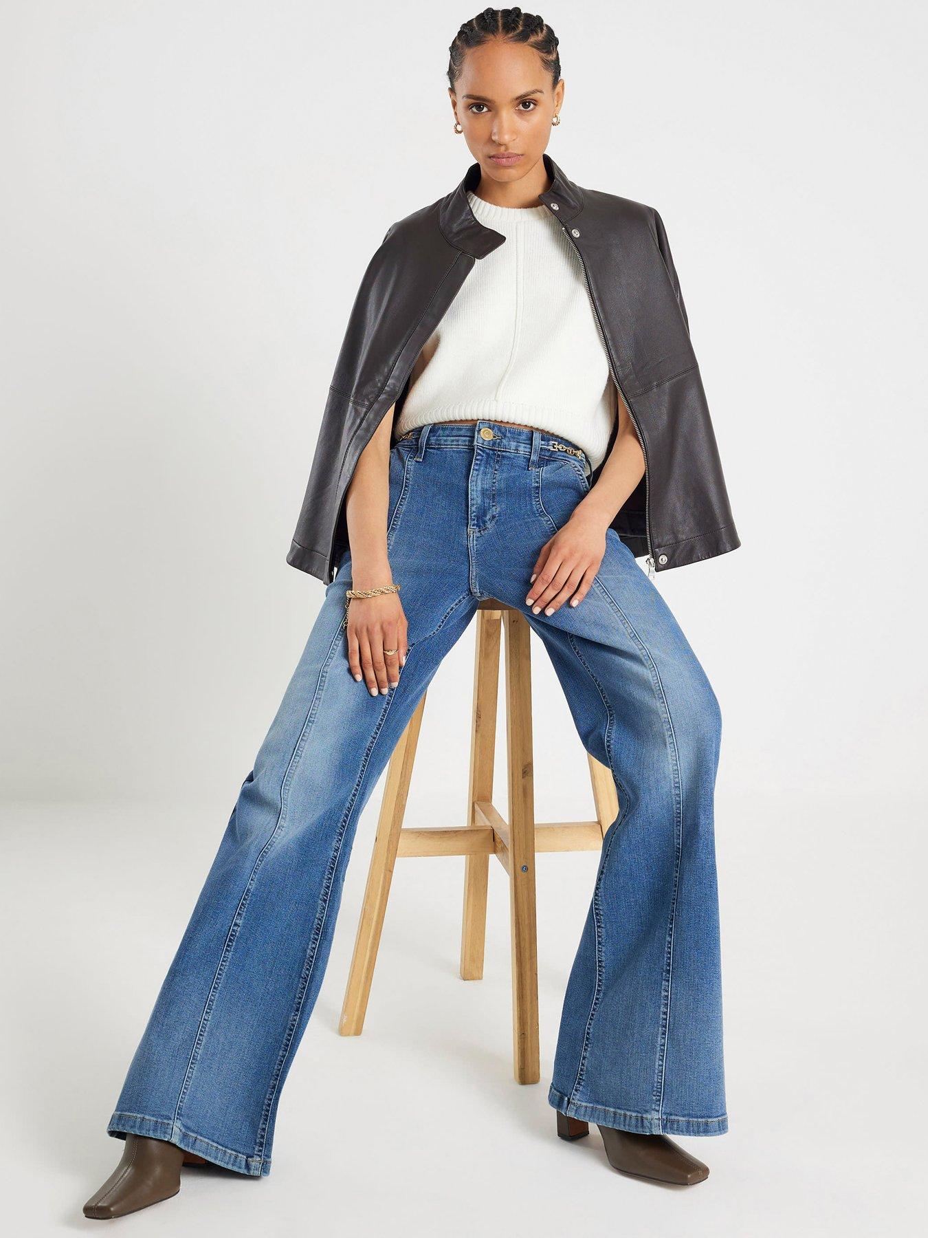 River Island Silas High Rise Wide Leg Snaffle Detail Jeans- Blue