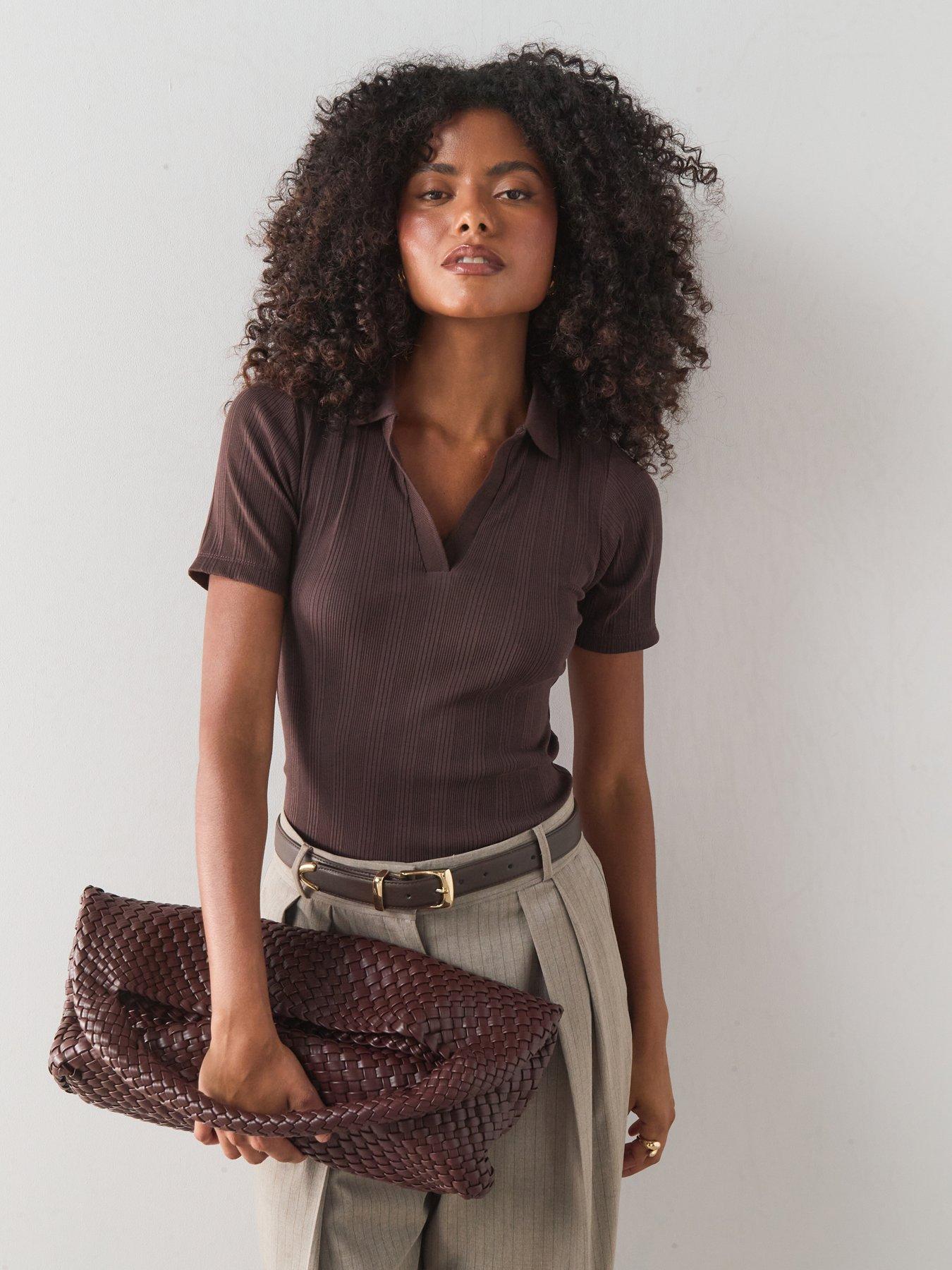 The Very Collection Textured Short Sleeve Polo Tee - Brown