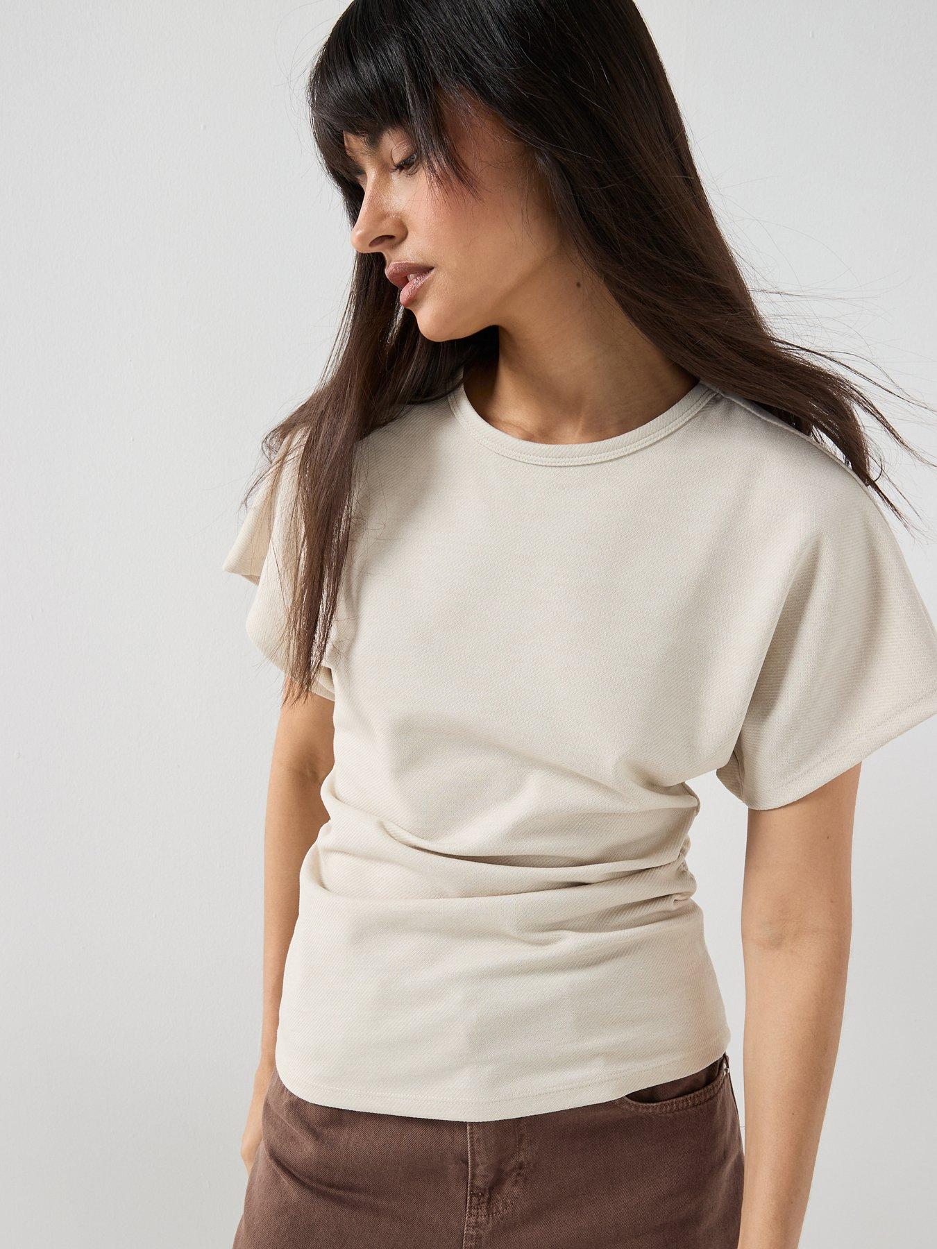 Image 1 of 5 of Only Atlas Short Sleeve Ruched Waist Waist Top - Stone