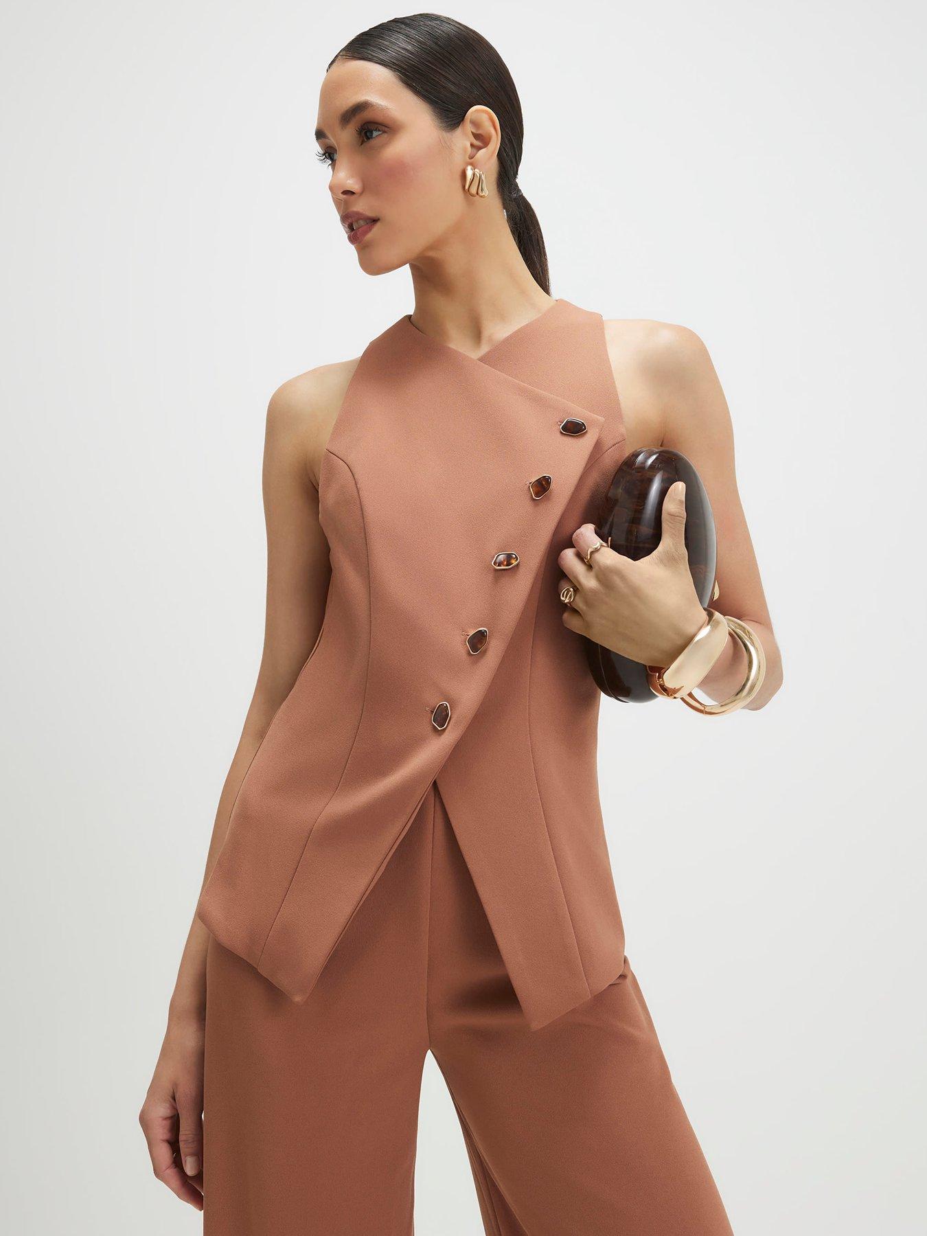 Image 3 of 4 of River Island Short Collarless Asymmetric Jumpsuit - Brown