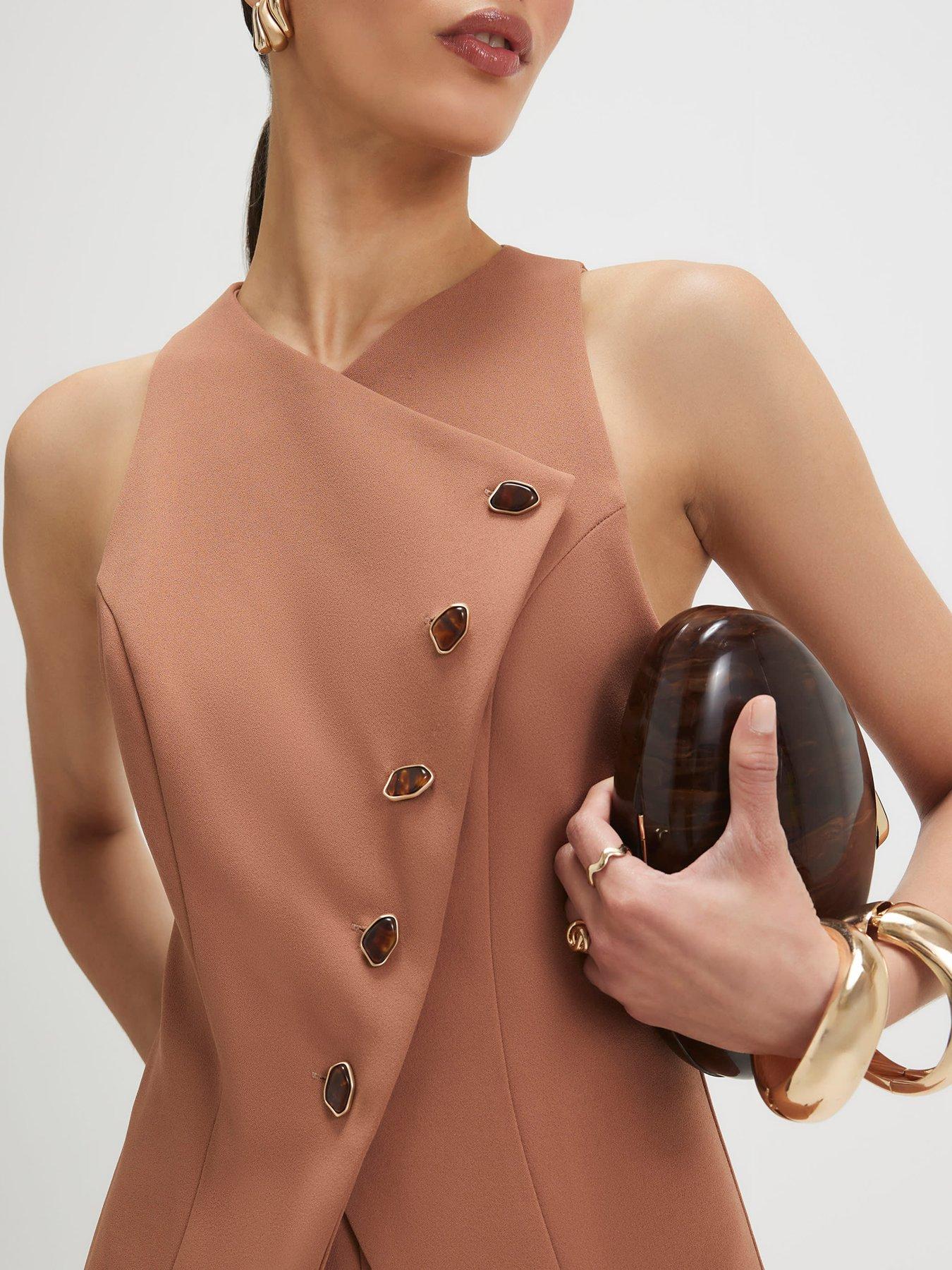 Image 4 of 4 of River Island Short Collarless Asymmetric Jumpsuit - Brown