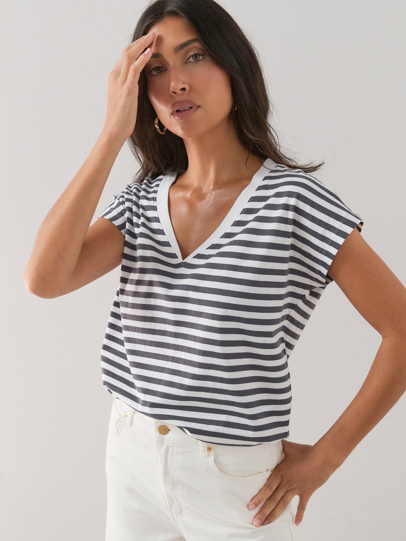 The Very Collection Striped V-Neck T-Shirt - Navy