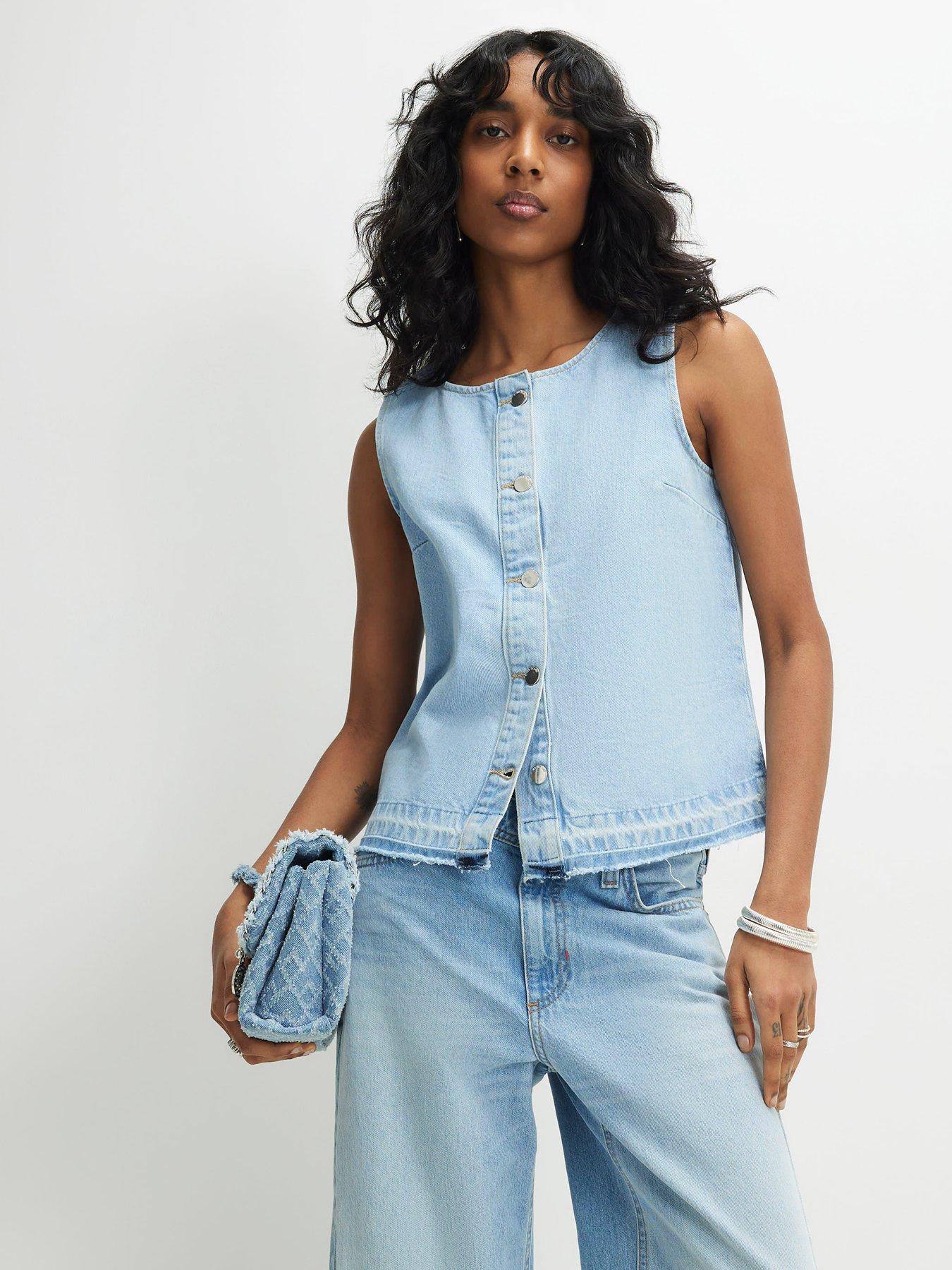 River Island Button Shell Top Turn Down Hem - Blue