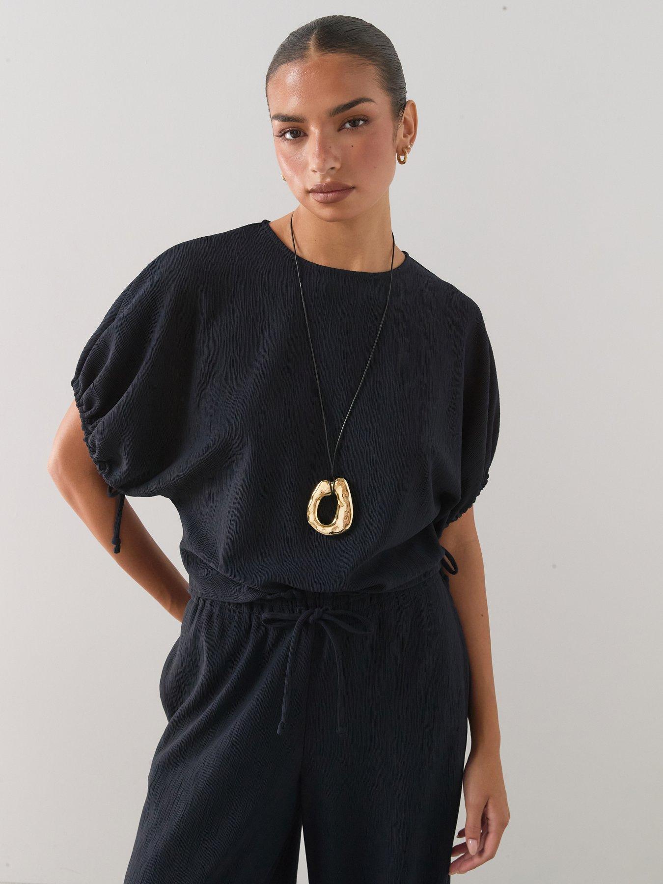 The Very Collection Textured Drawcord T-Shirt Co-Ord - Navy