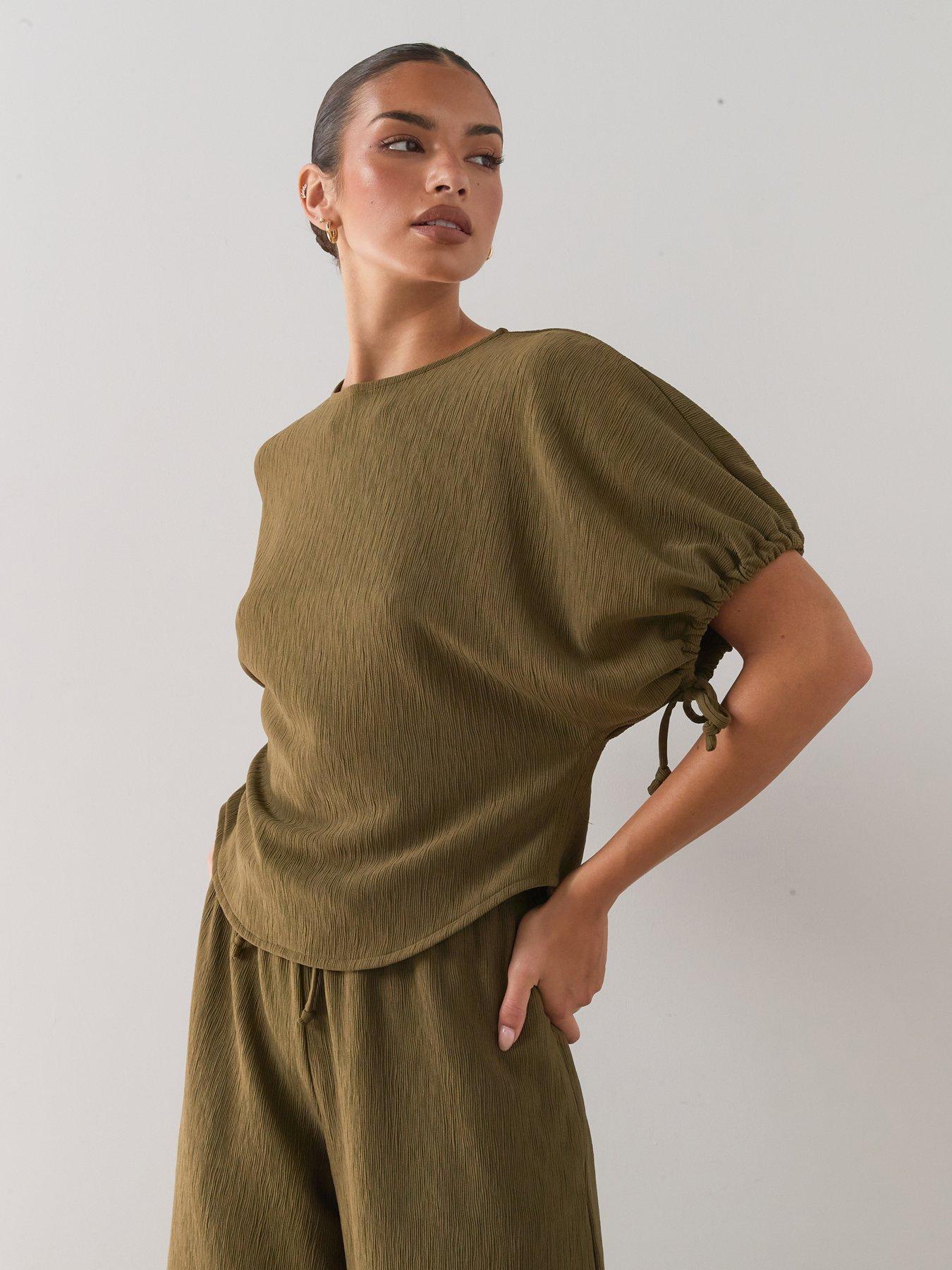 The Very Collection Textured Drawcord T-Shirt Co-Ord - Khaki