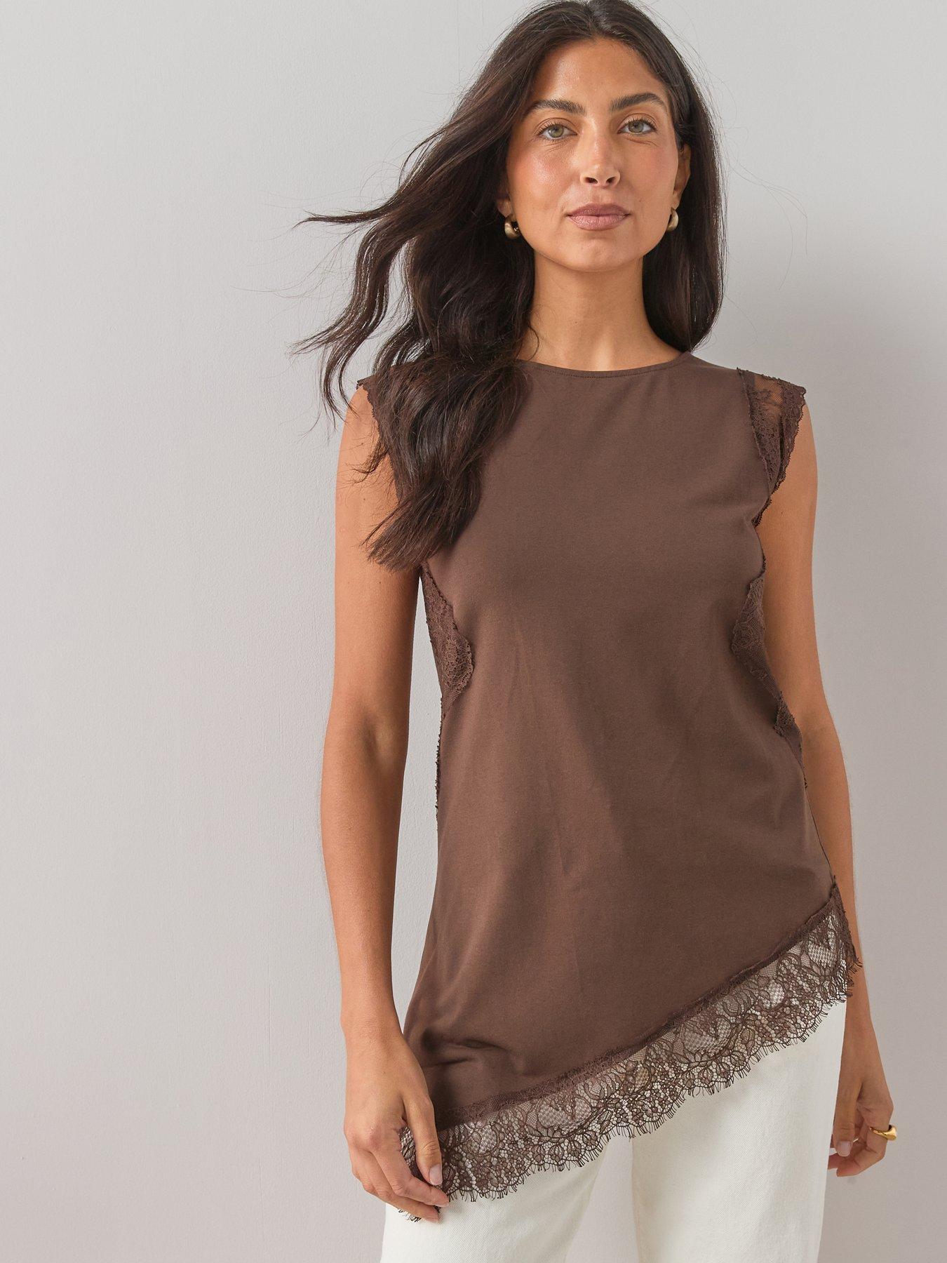 The Very Collection Lace Trim Longline Asymmetric Top - Brown