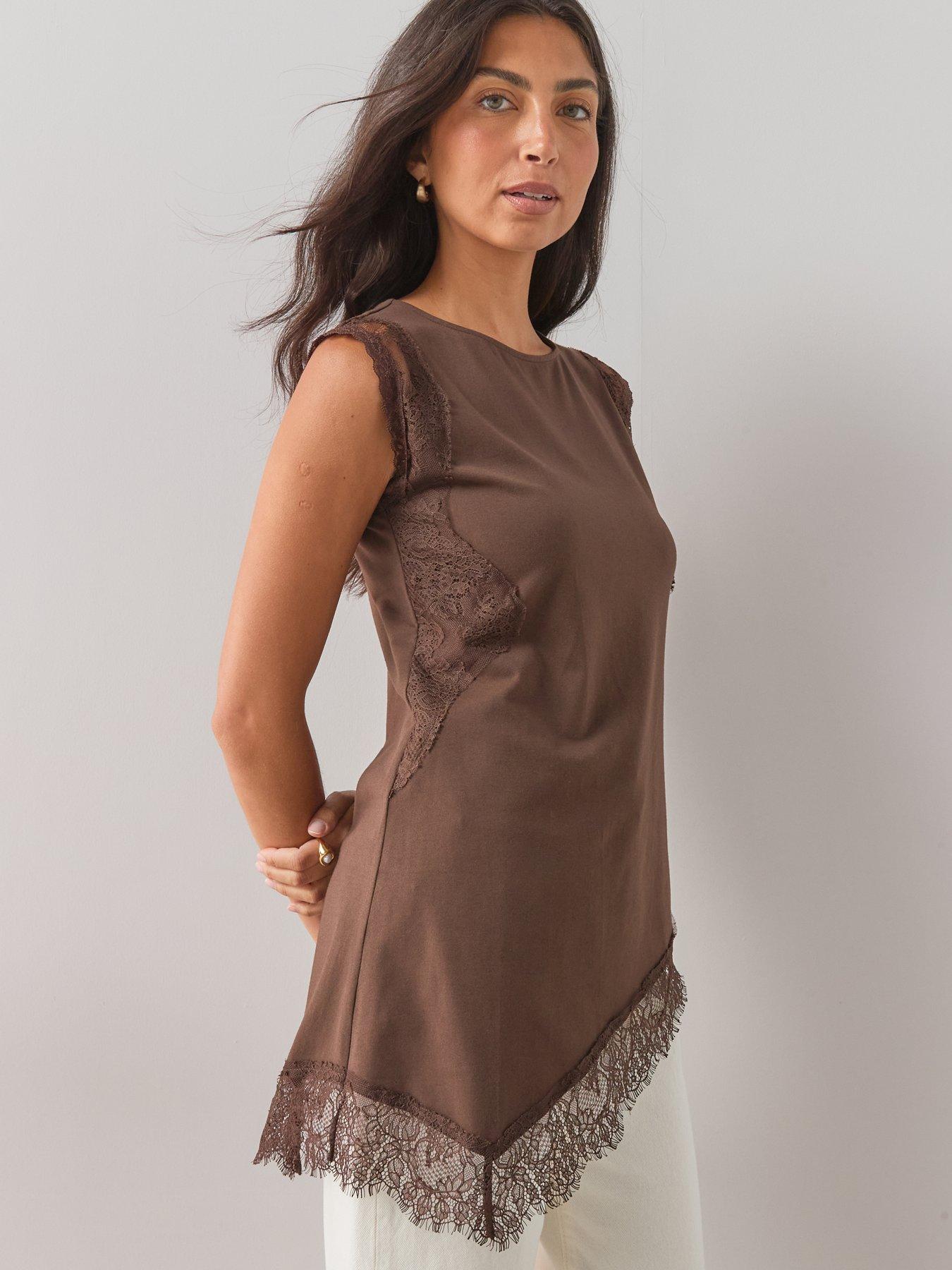 Image 4 of 7 of The Very Collection Lace Trim Longline Asymmetric Top - Brown