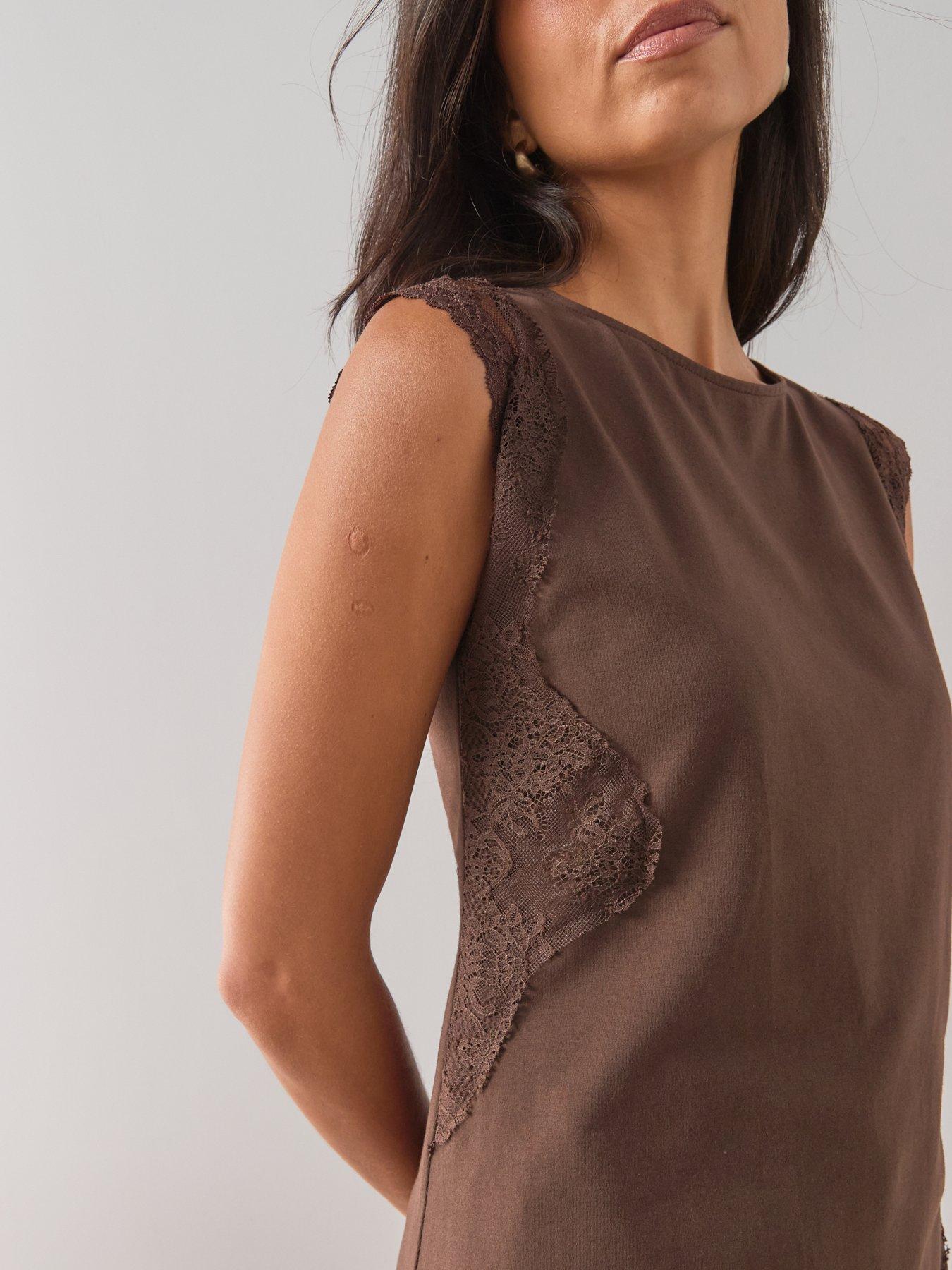 Image 6 of 7 of The Very Collection Lace Trim Longline Asymmetric Top - Brown