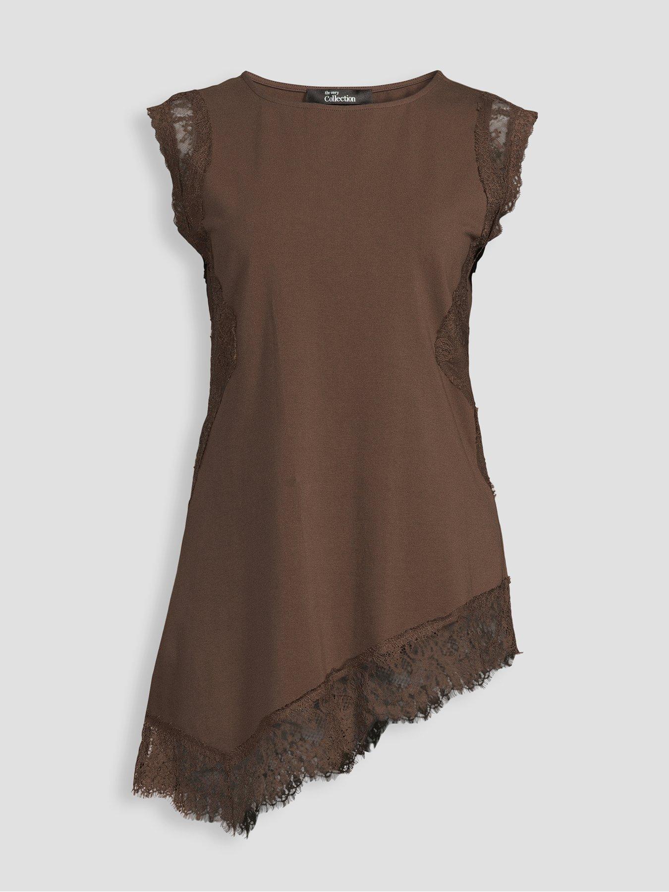 Image 7 of 7 of The Very Collection Lace Trim Longline Asymmetric Top - Brown