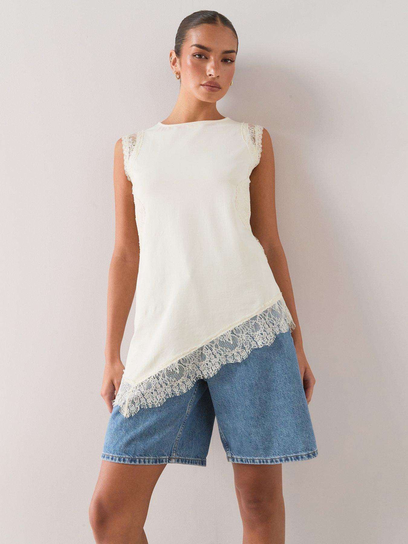The Very Collection Lace Trim Longline Asymmetric Top - Yellow