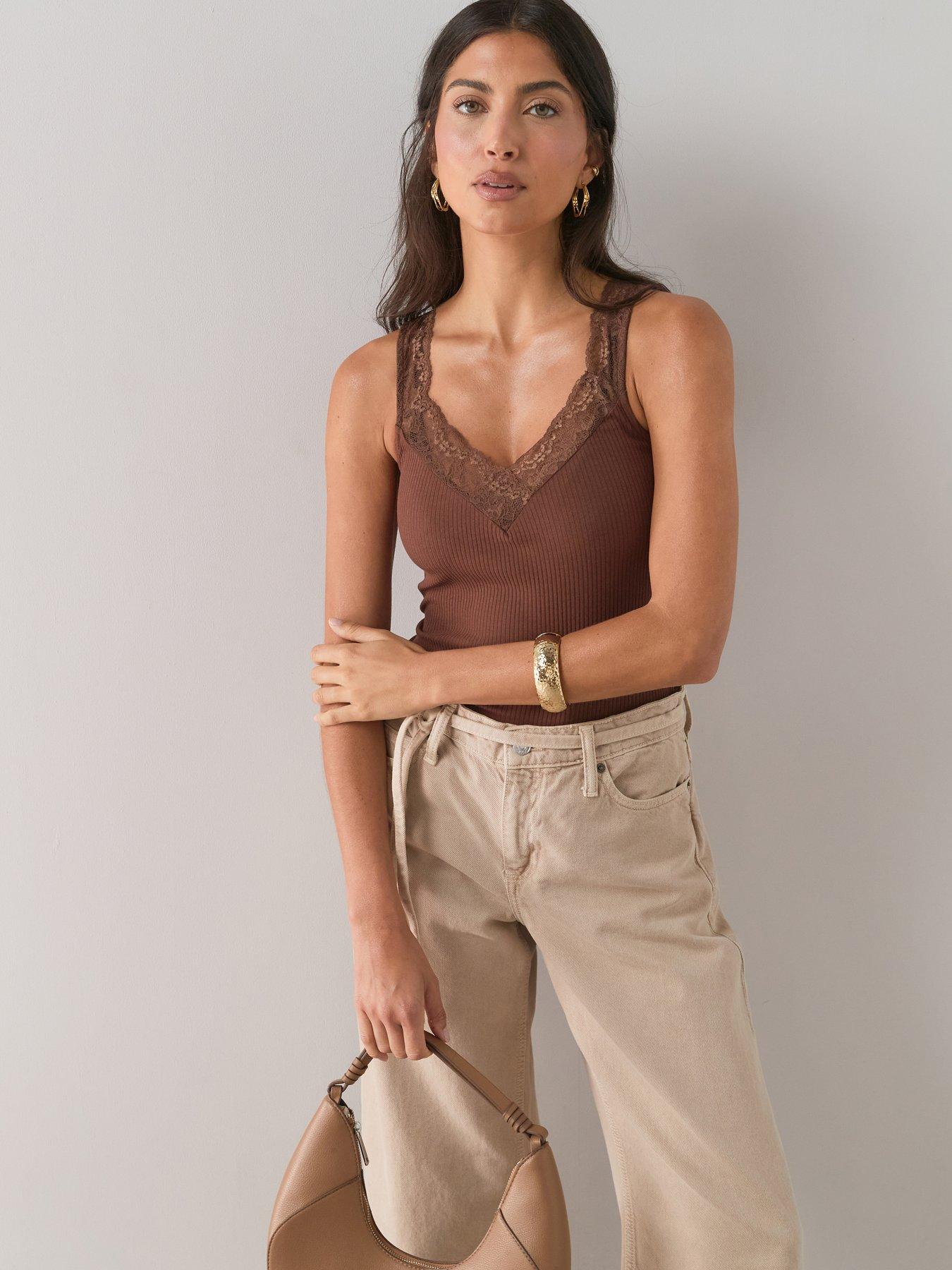 The Very Collection Lace Trim V Neck Rib Vest - Brown