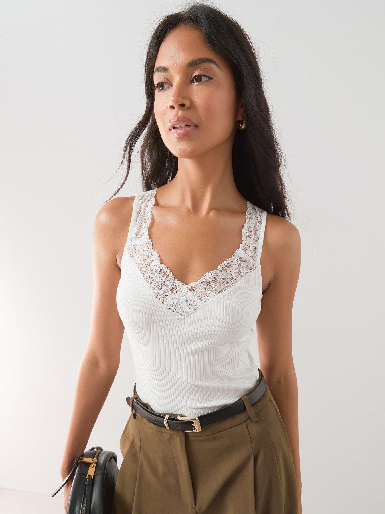 The Very Collection Lace Trim V Neck Rib Vest - Ivory