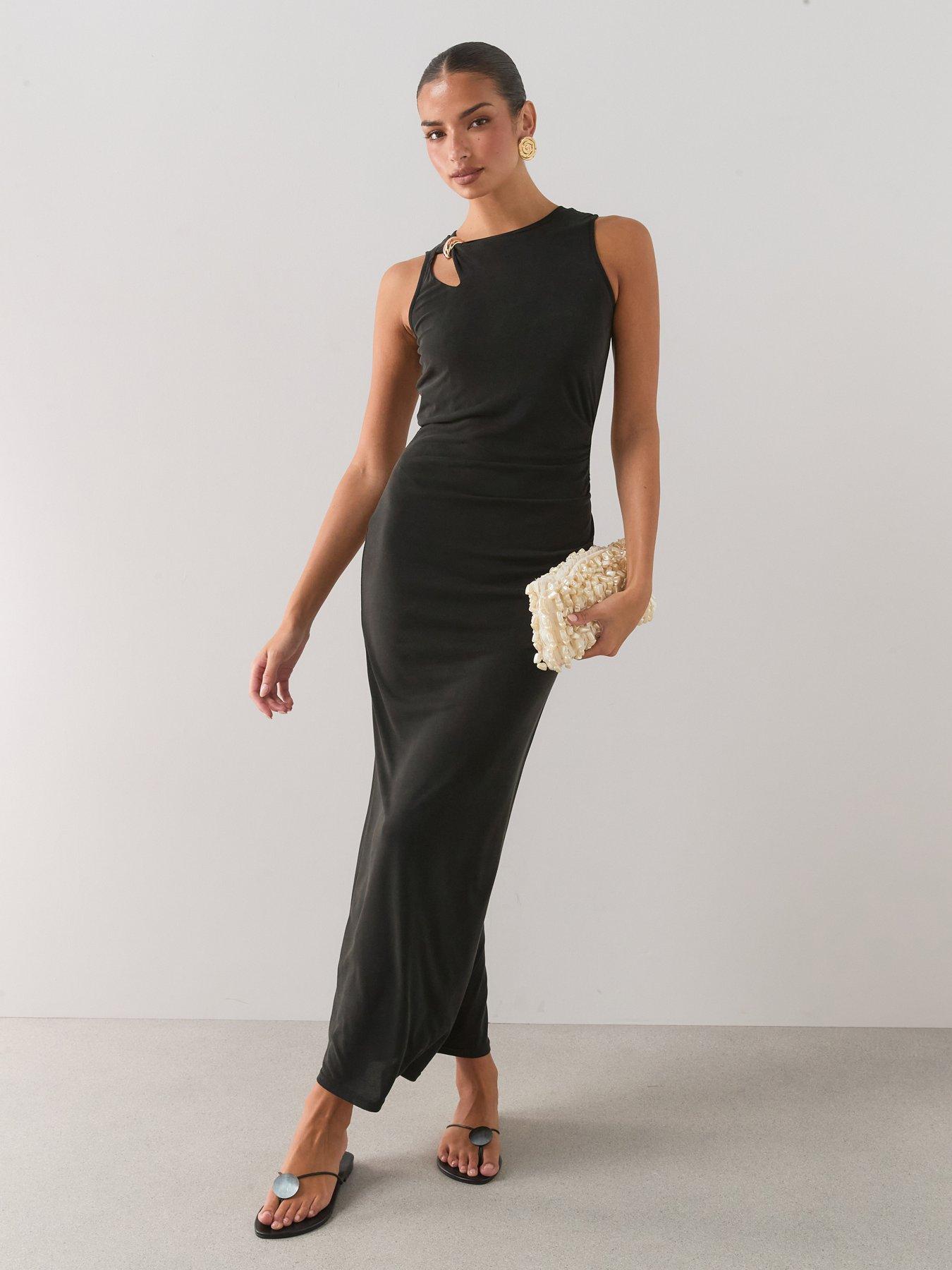 The Very Collection Gold Trim Ruched Midi Dress- Black