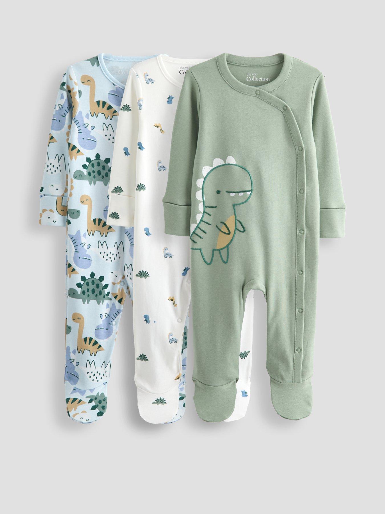 The Very Collection Baby Boy 3 Pack Dinosaur Print Sleepsuits - Green