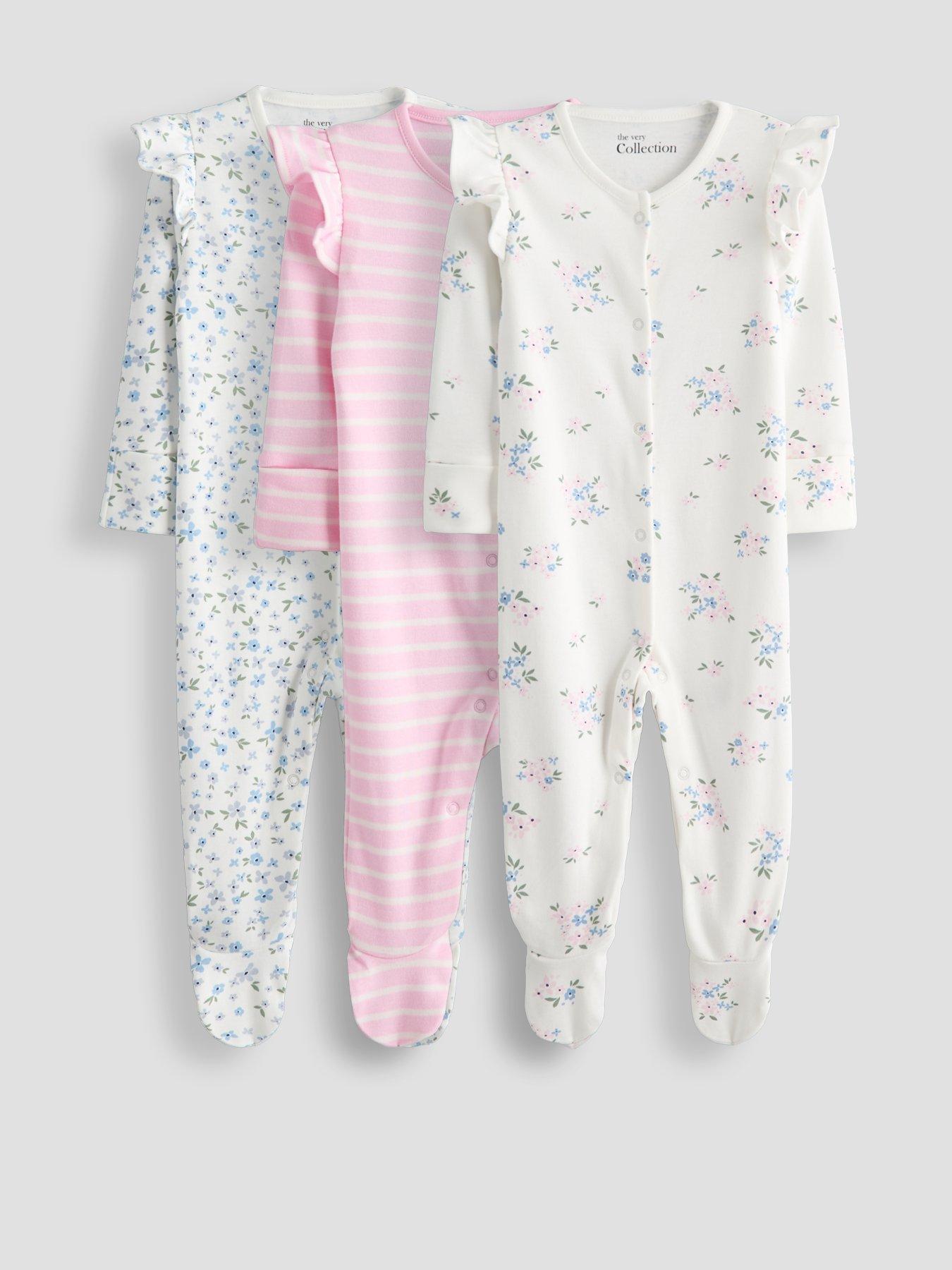 The Very Collection Baby Girl 3 Pack Ditsy Print Frill Shoulder Sleepsuits - Blue/Pink