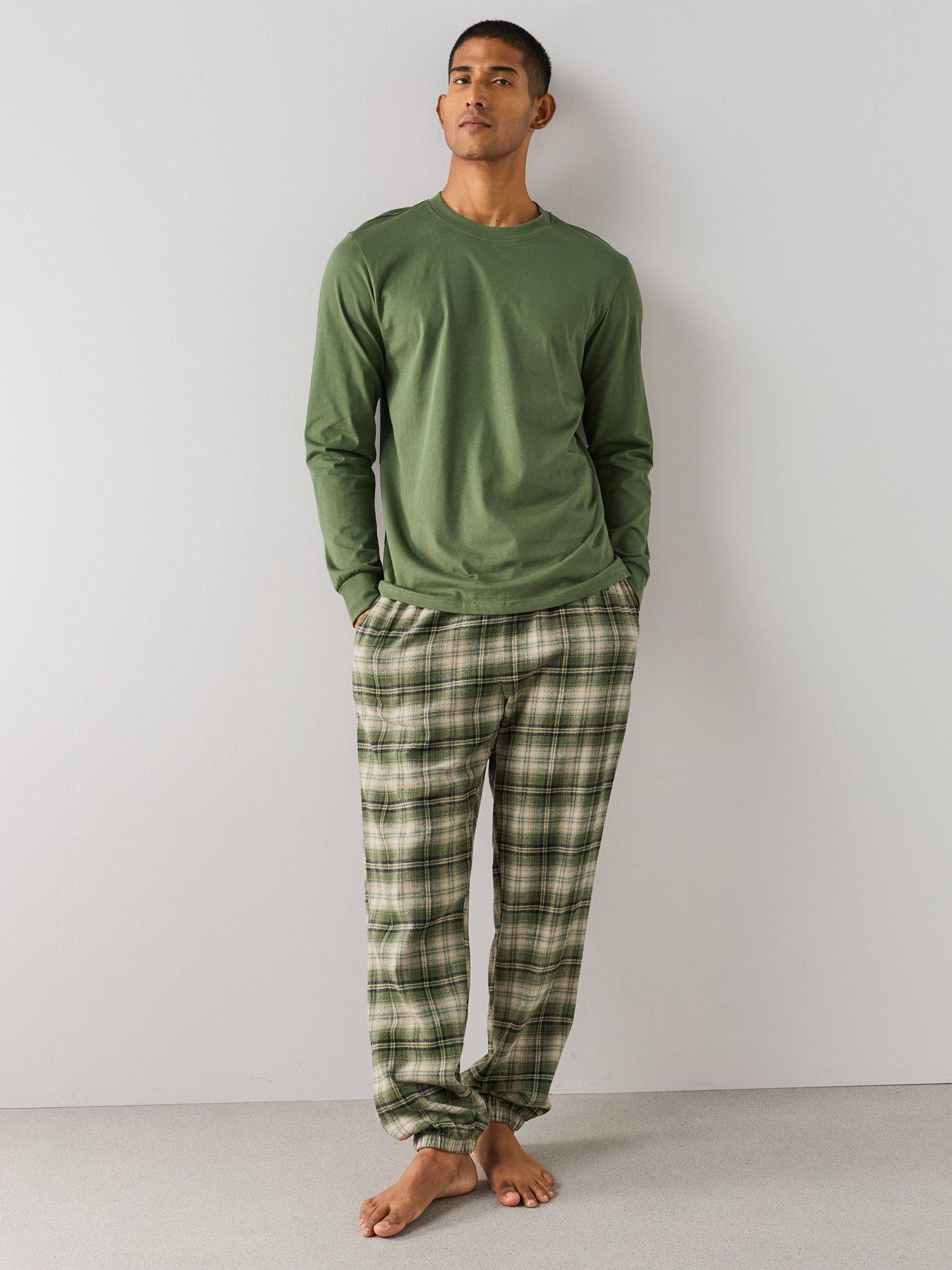 The Very Collection Pure Cotton T-Shirt  &  Brushed Check Pyjama Set - Dark Green