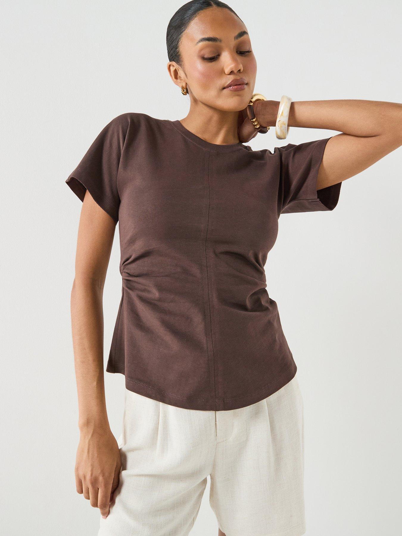 front image of only-only-ruched-side-t-shirt-brown
