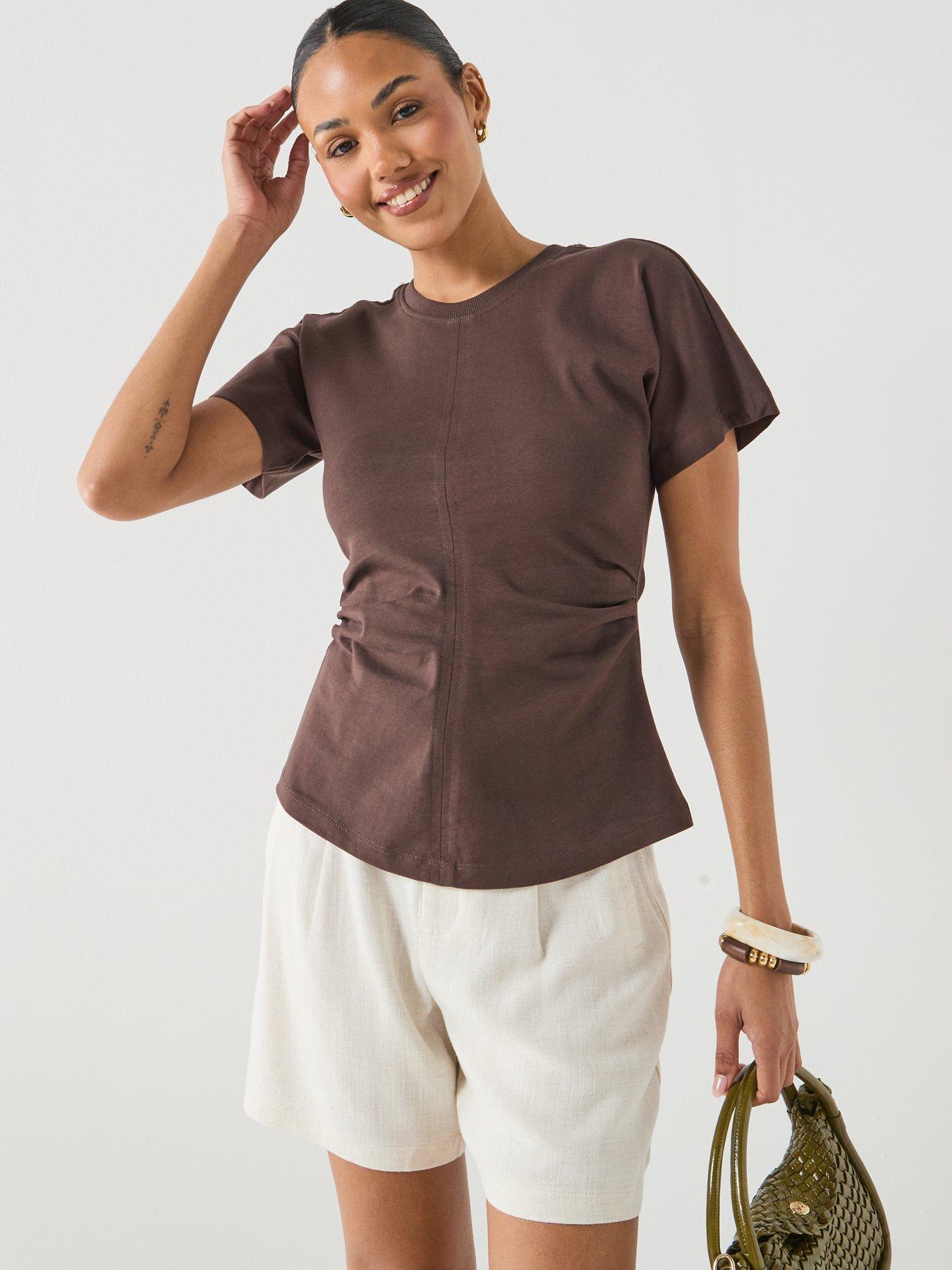 Image 5 of 5 of Only Onlmarie Short Sleeve Ruched Side Top - Brown