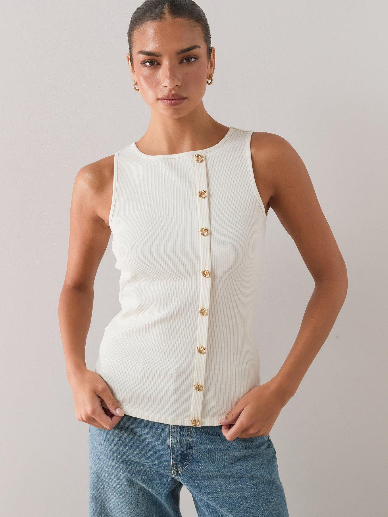 The Very Collection Gold Button Ribbed Tank Top - Cream