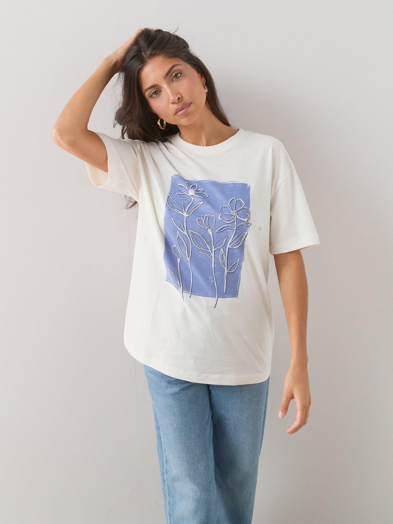 The Very Collection Oversized Floral Graphic T-Shirt - White/Blue